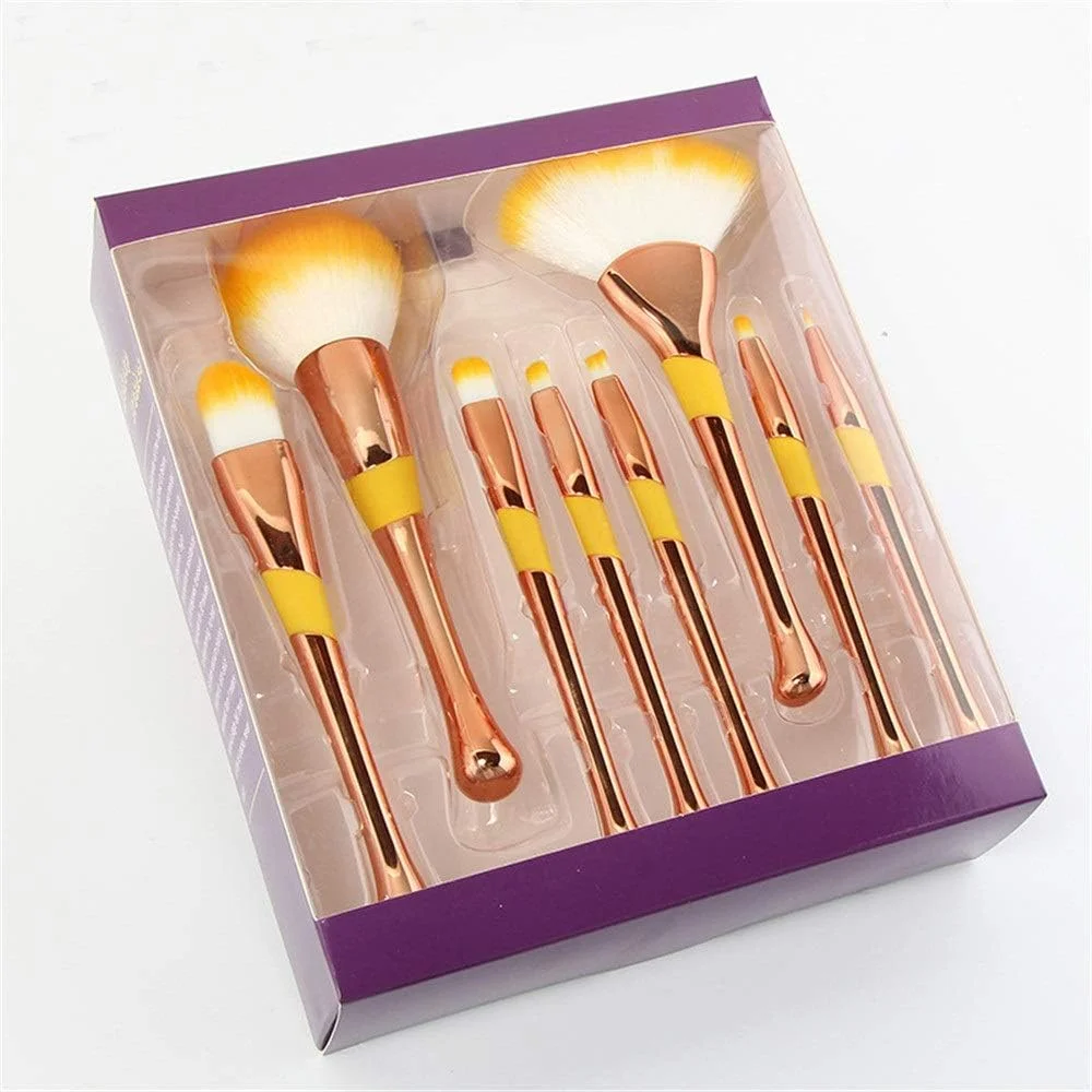 ست برس آرایشی 8 تکه LINGLING-MAKEUP، برس پودر فرار، برس سایه چشم، برس رژگونه، با طراحی دخترانه و بادوام (رنگ: طلایی)