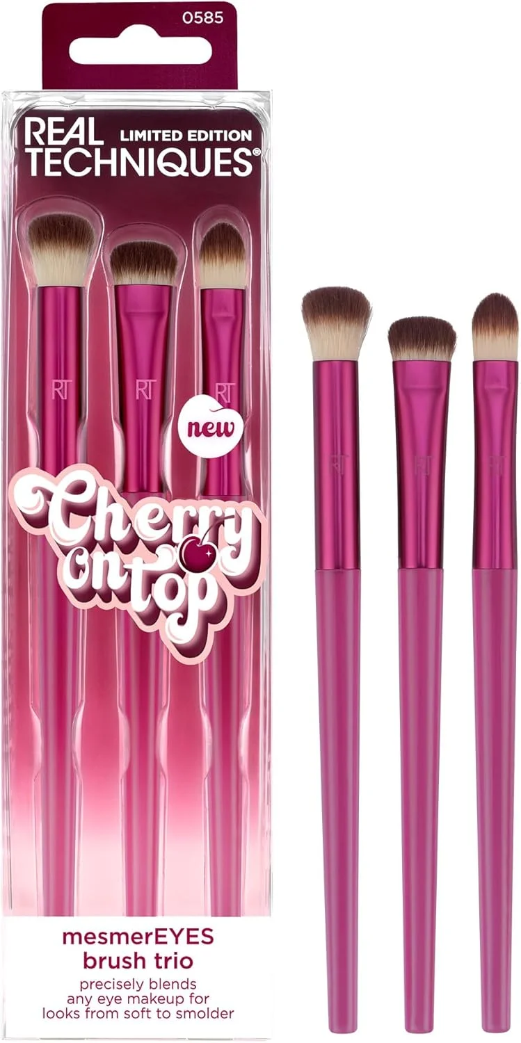 Real Techniques Cherry On Top MesmerEYES Brush Trio, Limited Edition Makeup Brush Set, Synthetic Bristles, Eyeshadow Blending Brushes, Vegan & Cruelty-Free, For Powder & Cream Shadow, 3 Piece Set