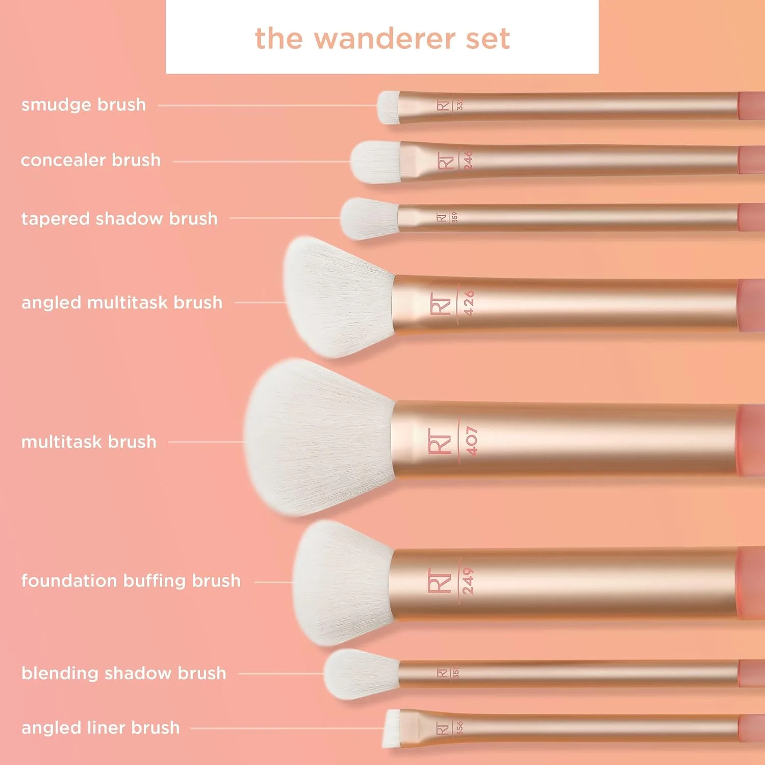 REAL TECHNIQUES The Wanderer Makeup Brush Kit, Premium and Professional Brush Set, Soft Bristles, For Foundations, Powders, and Concealers, 9 Piece Set, Gold