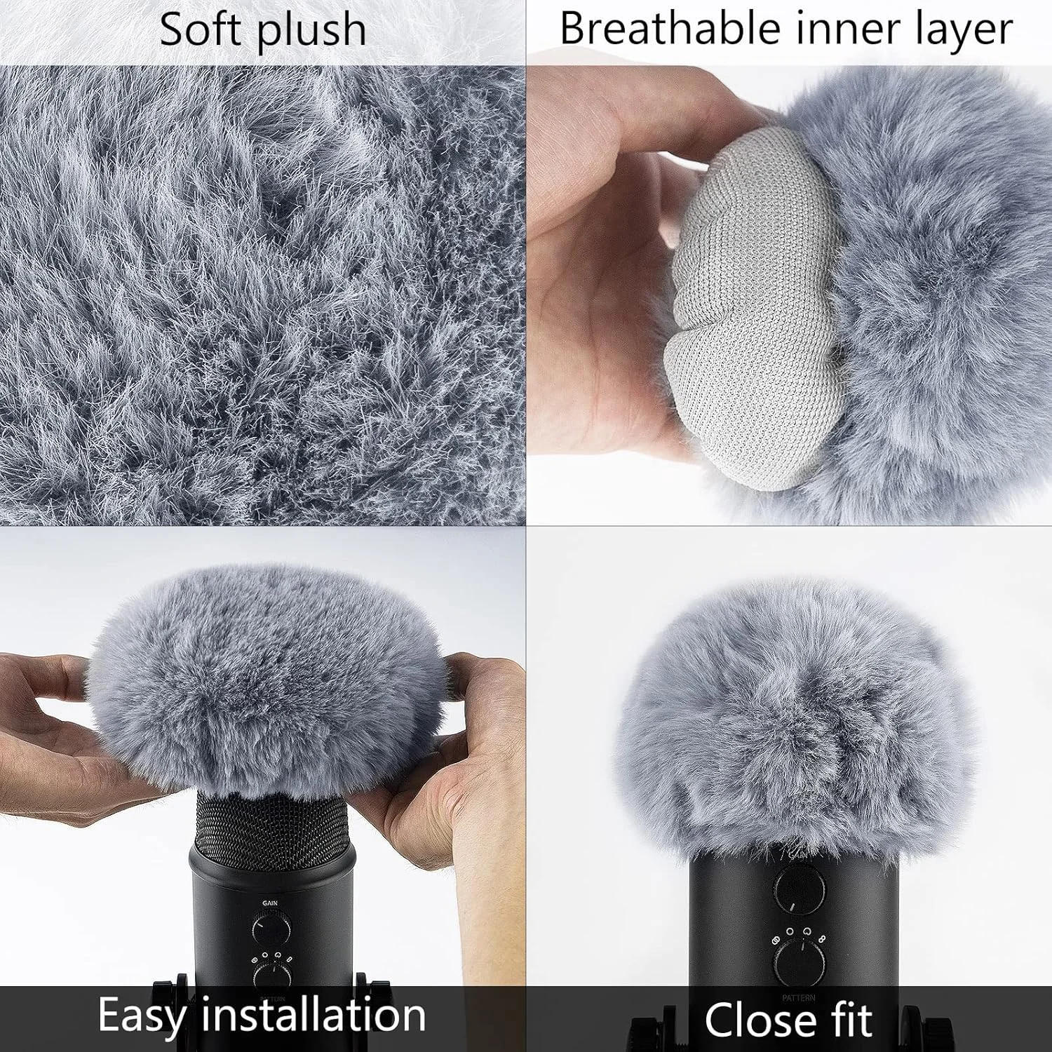 Geekria for Creators بادگیر خزدار سازگار با Blue Yeti، Yeti Pro، روکش میکروفون DeadCat، روکش پشمی شیشه جلو (خاکستری / 2 بسته)