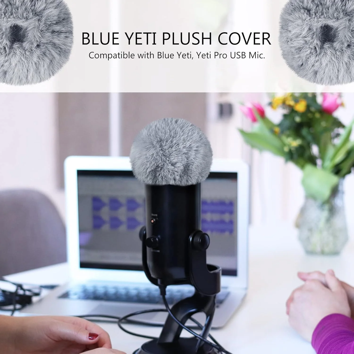 Geekria for Creators بادگیر خزدار سازگار با Blue Yeti، Yeti Pro، روکش میکروفون DeadCat، روکش پشمی شیشه جلو (خاکستری / 2 بسته)