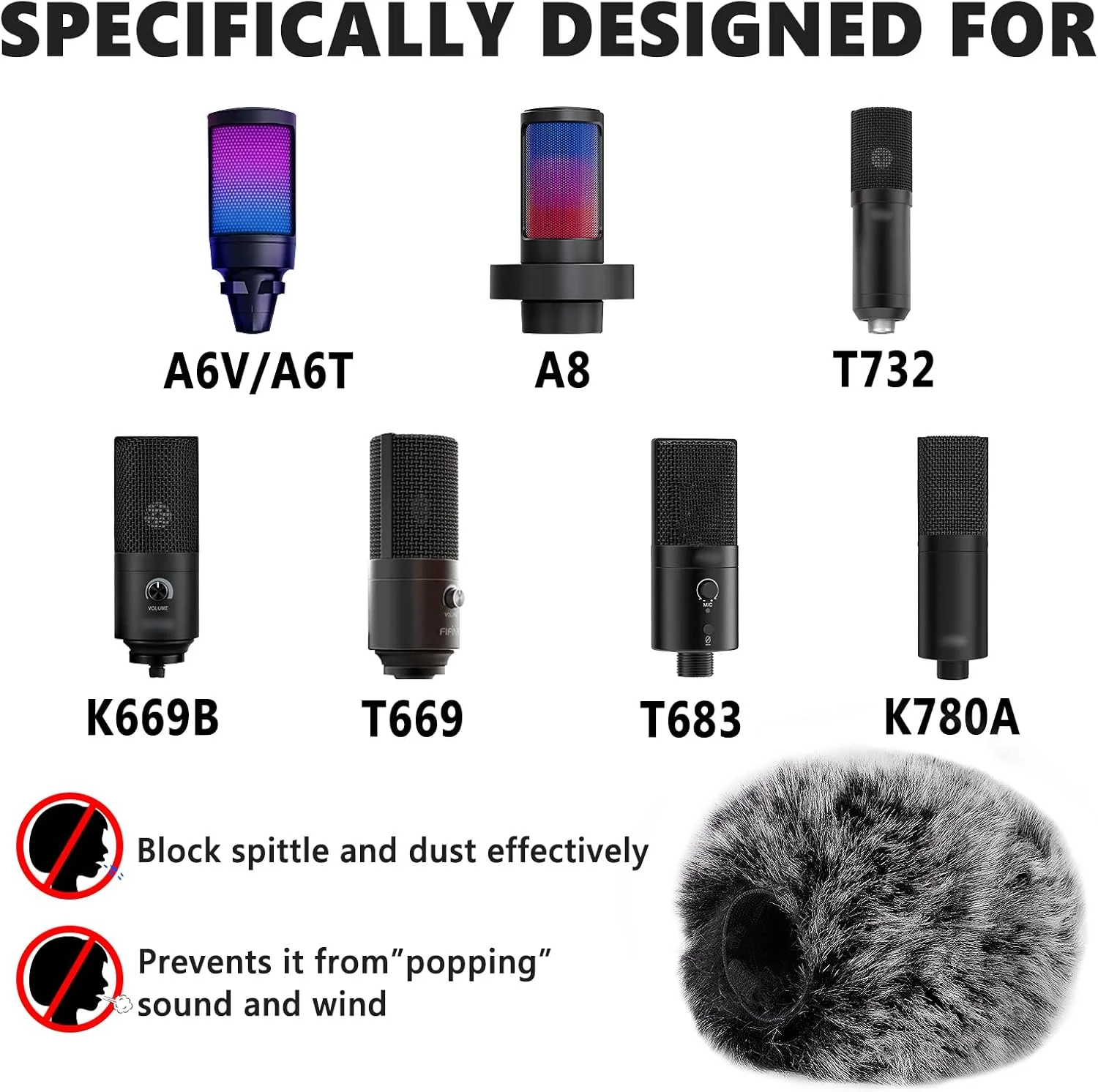 Geekria for Creators Furry Windscreen Compatible with FIFINE AmpliGame A6T, A6V, T669, T732, K669B, Mic DeadCat Wind Cover Muff, Windbuster, Windjammer, Fluff Cover Windshield (Grey 2 Pack)