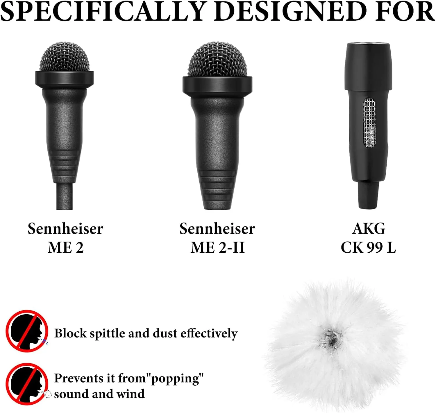 Geekria for Creators Furry Windscreen for 0.3'' (8mm) Diameter Microphone, Mic DeadCat Wind Cover Muff, Fluff Cover Windshield Compatible with Sennheiser ME2 (White / 2 Pack)