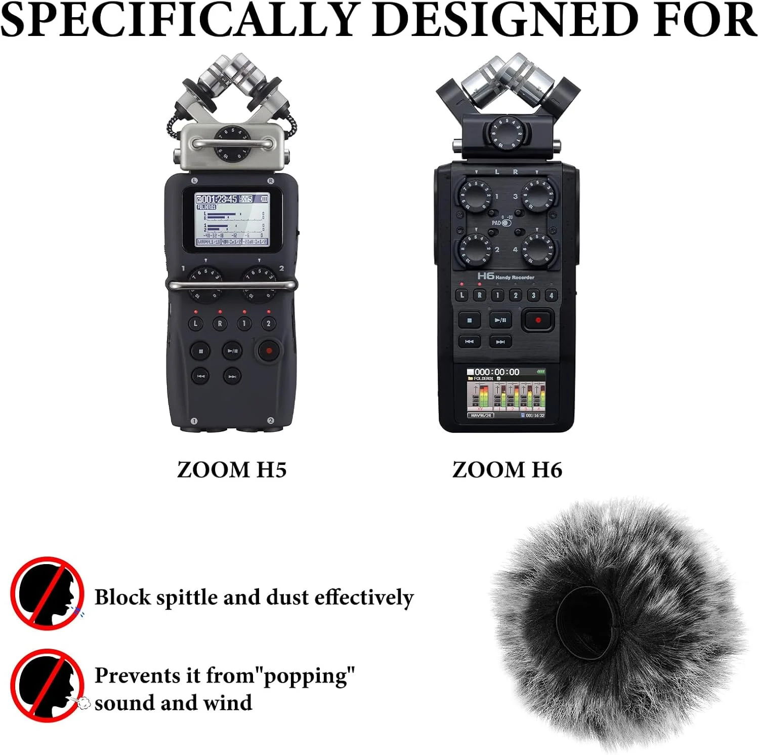Geekria for Creators Furry Windscreen Compatible with ZOOM H5, H6 Handy Recorder, Mic DeadCat Wind Cover Muff, Fluff Cover Windshield, Portable Digital Recorder (Grey / 2 Pack)