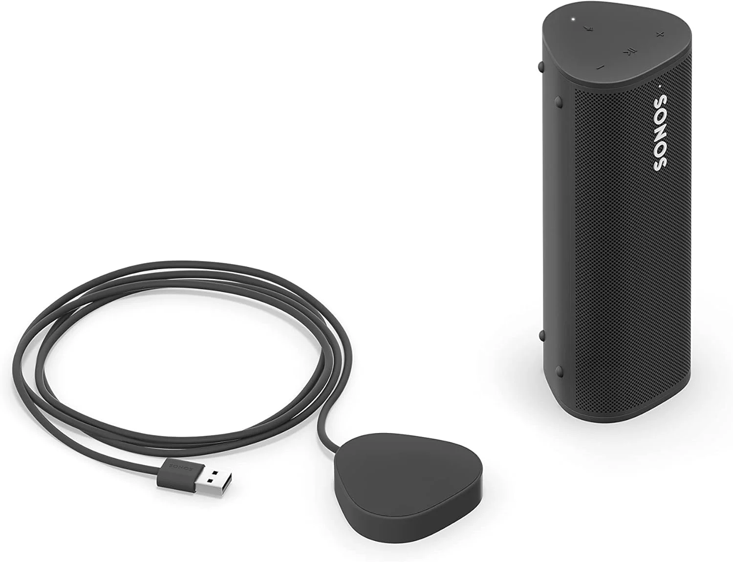 اسپیکر بلوتوثی و وای فای Sonos Roam + شارژر بی‌سیم، ضد آب با کنترل صوتی Google Assistant و AirPlay 2 و باتری برای پخش موسیقی (مشکی)