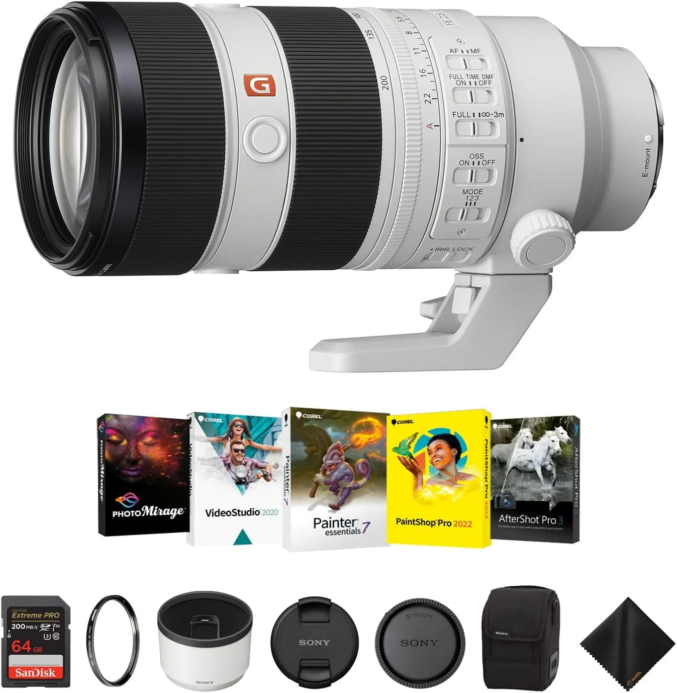 لنز سونی FE 70-200mm f/2.8 GM OSS II برای مانت E - لنز فول فریم حرفه ای به همراه فیلتر محافظ UV 77 میلی متری، کارت حافظه 64 گیگابایتی Extreme PRO، کیت نرم افزاری Corel و پارچه تمیز کننده