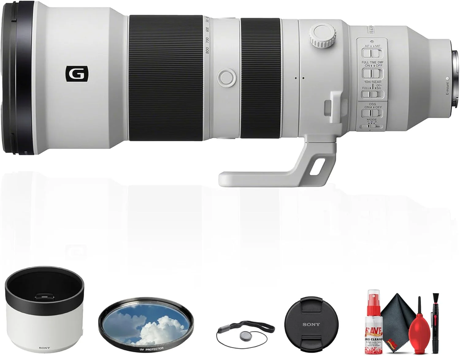 لنز سونی FE 400-800mm f/6.3-8 G OSS | زوم فوق تله‌فوتو با تثبیت‌کننده اپتیکال و فوکوس خودکار سریع برای Sony E-Mount (SEL400800G) + کیت تمیز کننده + فیلتر UV + نگهدارنده درب لنز