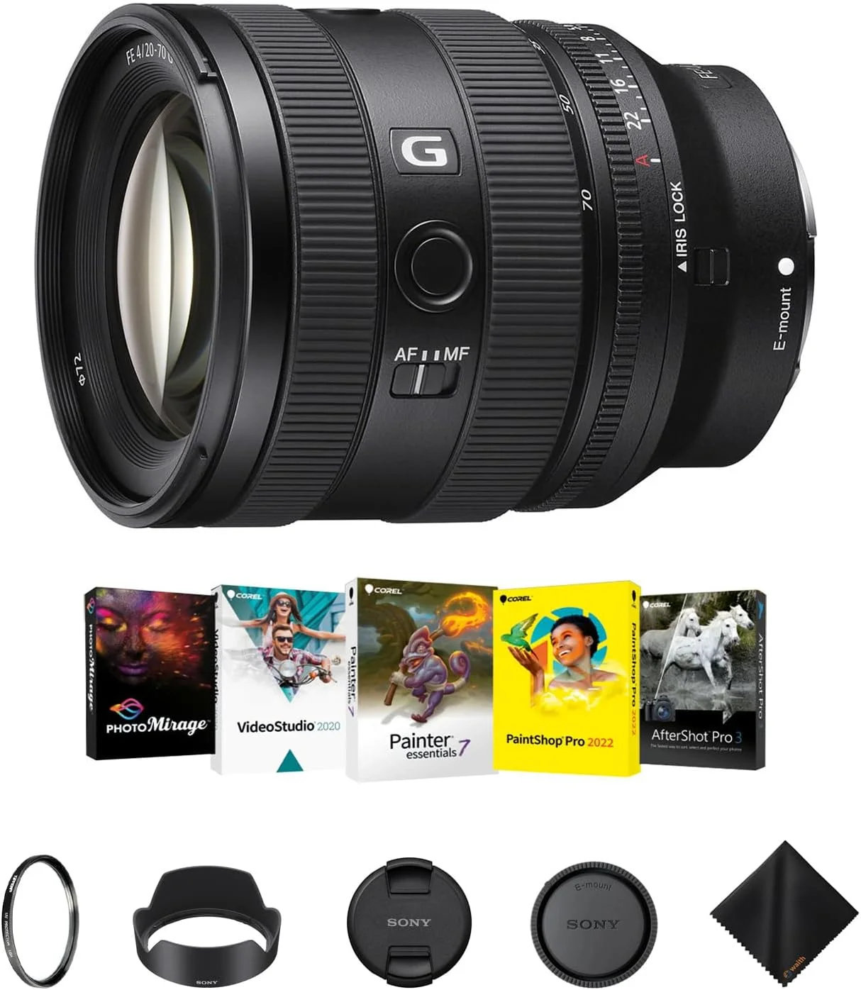 لنز سونی FE 20-70mm f/4 G برای دوربین های E-Mount | لنز دوربین دیجیتال فول فریم فوق عریض به همراه کیت نرم افزاری Corel Art Suite و فیلتر محافظ UV تیفن 77 میلی متری - کیت ضروری