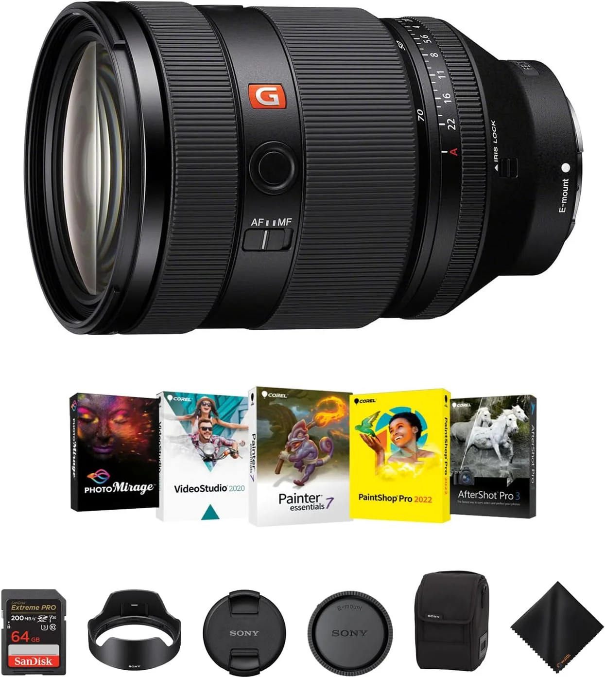 لنز سونی FE 28-70mm f/2 GMaster برای مانت Sony E - لنز زوم استاندارد فوق‌العاده سریع به همراه کارت حافظه 64 گیگابایتی Extreme PRO UHS-I SDXC، کیت نرم‌افزاری Corel و پارچه تمیزکننده - بسته ضروری