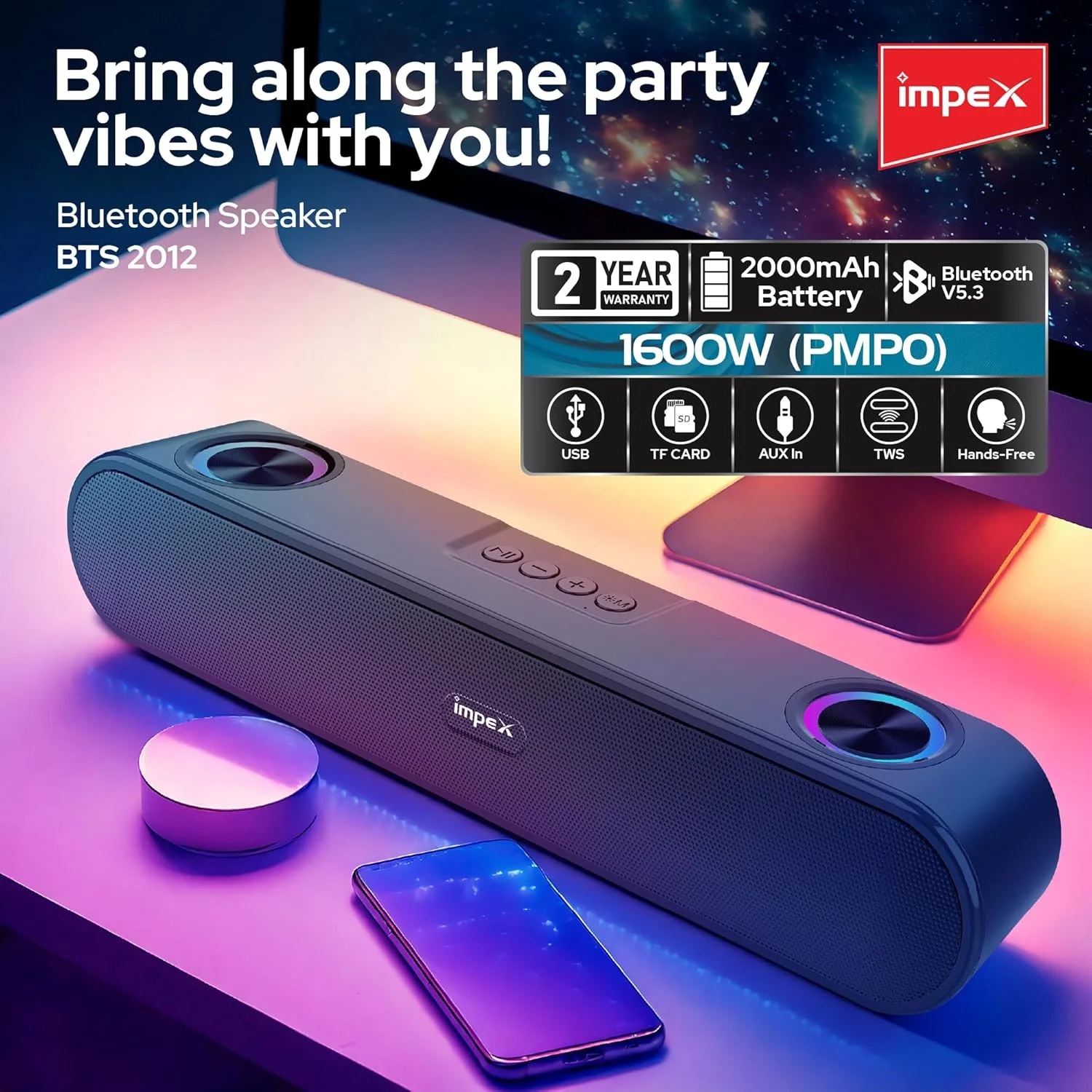 اسپیکر بلوتوثی Impex مدل BTS 2012 با توان خروجی 1600W PMPO، باتری 2000mAh، بلوتوث 5.3، نورپردازی RGB، رادیاتورهای پسیو دوتایی، پشتیبانی از USB/TF/AUX/FM/TWS/Hand-Free، شارژ Type C، بدنه فلزی ABS اسپیکر بلوتوثی Impex مدل BTS 2012 با توان خروجی 1600W PMPO، باتری 2000mAh، بلوتوث 5.3، نورپردازی RGB، رادیاتورهای پسیو دوتایی، پشتیبانی از USB/TF/AUX/FM/TWS/Hand-Free، شارژ Type C، بدنه فلزی ABS