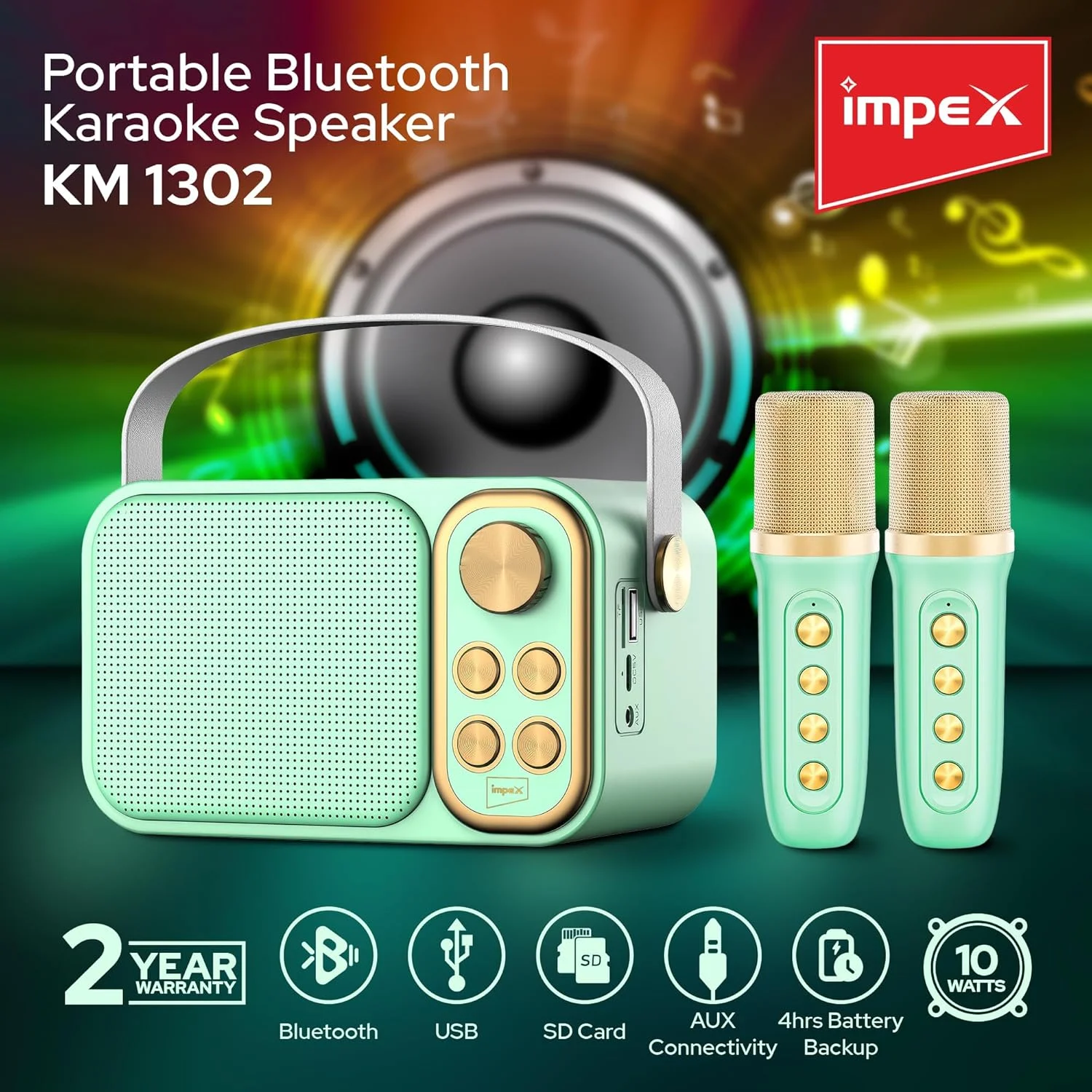 اسپیکر کارائوکه بلوتوث قابل حمل ایمپکس با 2 میکروفون بی سیم، تغییر صدا، ورودی USB/AUX/TF، شارژ Type-C، باتری 1500mAh، توان خروجی 10W، اتصال بلوتوث - KM 1302 اسپیکر کارائوکه بلوتوث قابل حمل ایمپکس با 2 میکروفون بی سیم، تغییر صدا، ورودی USB/AUX/TF، شارژ Type-C، باتری 1500mAh، توان خروجی 10W، اتصال بلوتوث - KM 1302