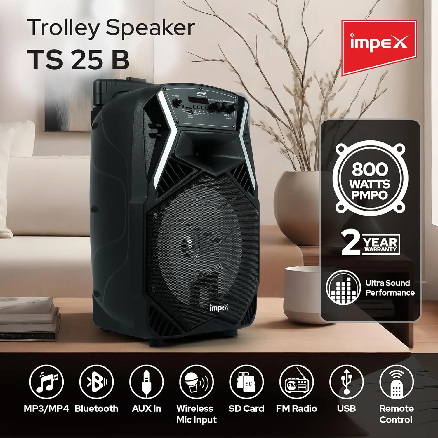 اسپیکر چرخدار قابل حمل چند رسانه ای ایمپکس مدل Ts 25B با توان 800 وات (PMPO) به همراه پورت USB/SD/TF/ رادیو FM/ ورودی AUX/ ریموت کنترل/ بلوتوث/ میکروفون بی سیم و قابلیت نورپردازی DJ LED (مشکی)