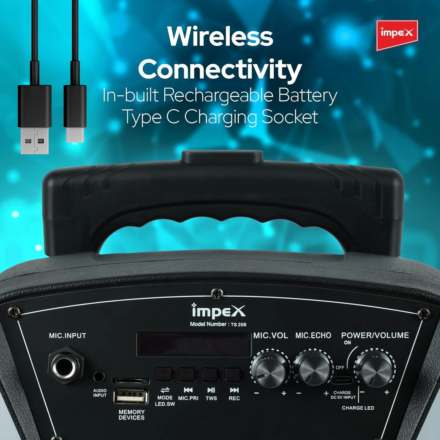 اسپیکر چرخدار قابل حمل چند رسانه ای ایمپکس مدل Ts 25B با توان 800 وات (PMPO) به همراه پورت USB/SD/TF/ رادیو FM/ ورودی AUX/ ریموت کنترل/ بلوتوث/ میکروفون بی سیم و قابلیت نورپردازی DJ LED (مشکی)