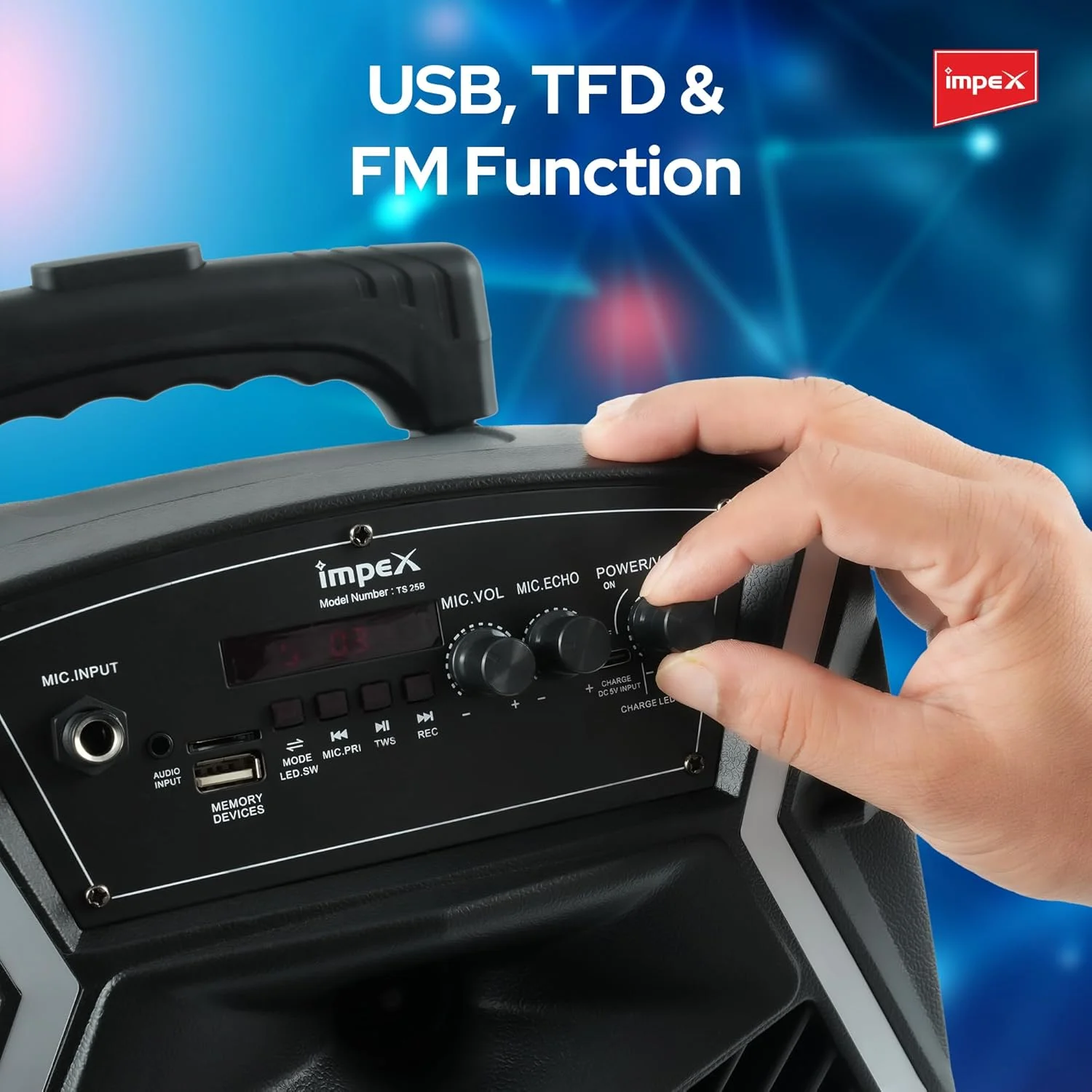 اسپیکر چرخدار قابل حمل چند رسانه ای ایمپکس مدل Ts 25B با توان 800 وات (PMPO) به همراه پورت USB/SD/TF/ رادیو FM/ ورودی AUX/ ریموت کنترل/ بلوتوث/ میکروفون بی سیم و قابلیت نورپردازی DJ LED (مشکی)