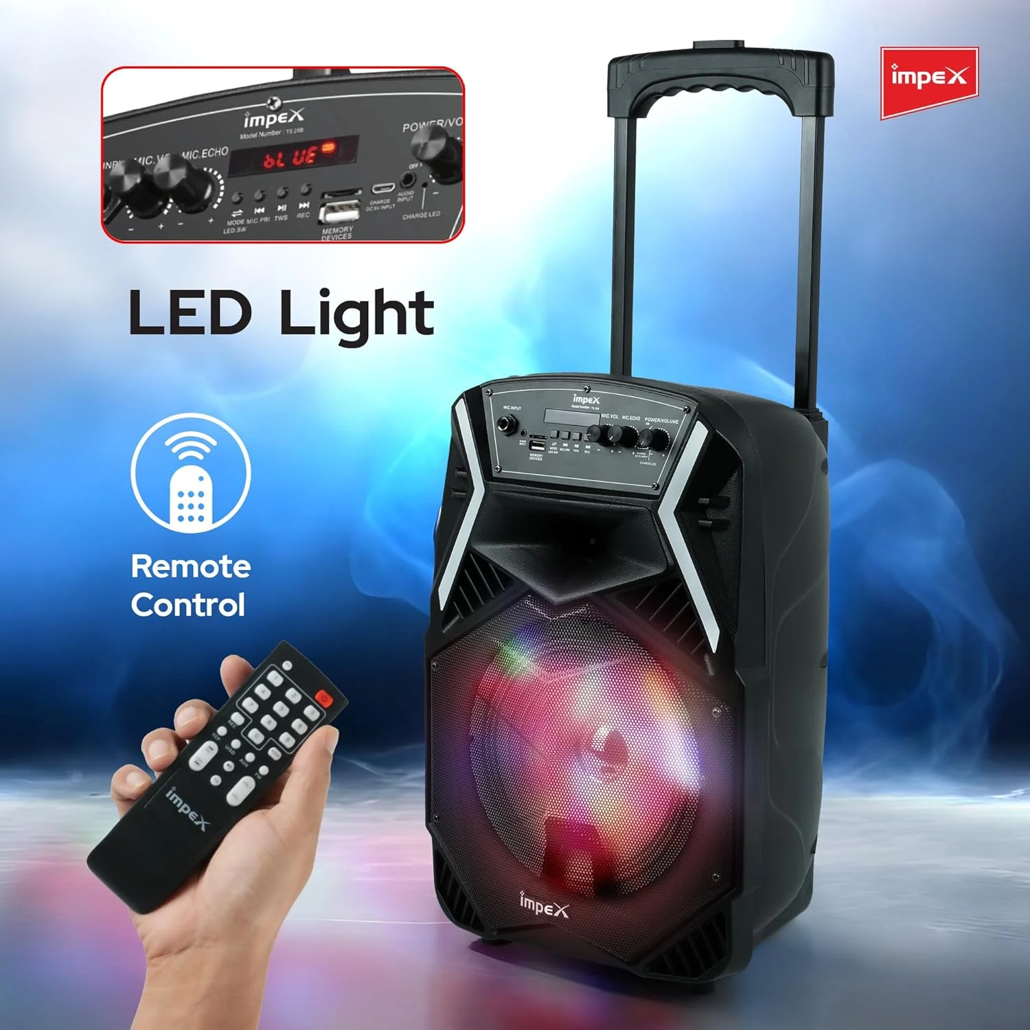 اسپیکر چرخدار قابل حمل چند رسانه ای ایمپکس مدل Ts 25B با توان 800 وات (PMPO) به همراه پورت USB/SD/TF/ رادیو FM/ ورودی AUX/ ریموت کنترل/ بلوتوث/ میکروفون بی سیم و قابلیت نورپردازی DJ LED (مشکی)