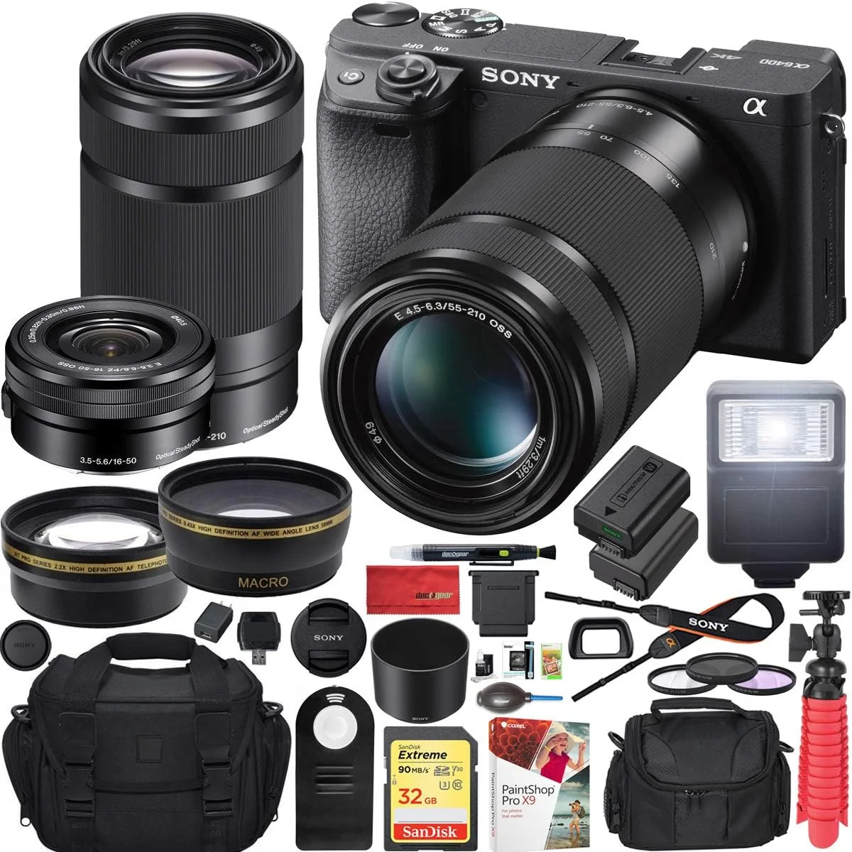 دوربین بدون آینه سونی a6400 4K مدل ILCE-6400L/B (مشکی) با لنزهای 16-50mm f/3.5-5.6 و 55-210mm F4.5-6.3 به همراه زاویه باز 0.43x + تله فوتو 2.2X + بسته باتری اضافی، ریموت و فلاش Deco Gear دوربین بدون آینه سونی a6400 4K مدل ILCE-6400L/B (مشکی) با لنزهای 16-50mm f/3.5-5.6 و 55-210mm F4.5-6.3 به همراه زاویه باز 0.43x + تله فوتو 2.2X + بسته باتری اضافی، ریموت و فلاش Deco Gear