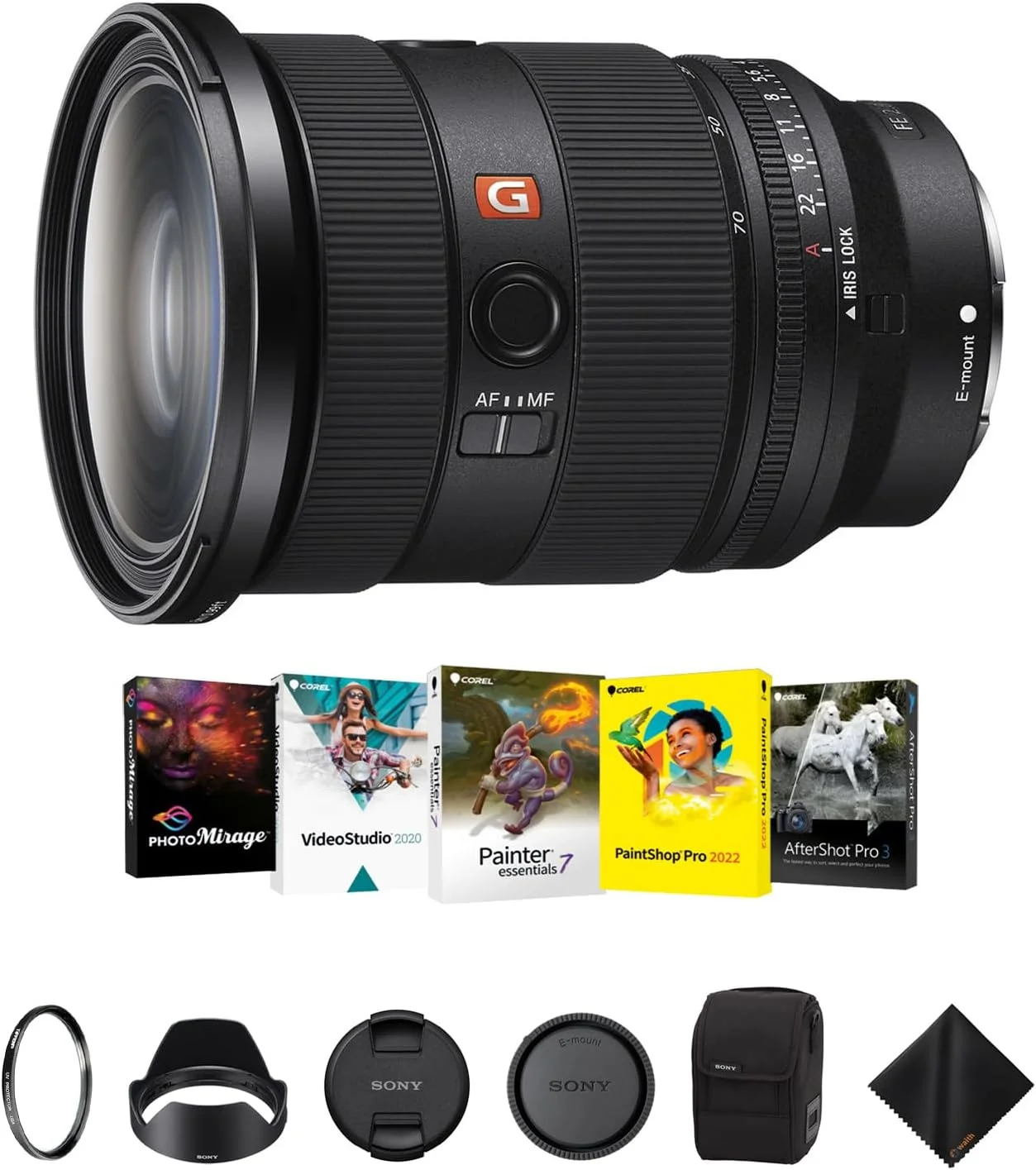 لنز سونی FE 24-70mm f/2.8 GMaster II برای E-Mount - لنز زوم استاندارد سریع به همراه فیلتر محافظ UV تیفن 82mm، کیت نرم‌افزاری Corel و پارچه تمیز کننده - بسته ضروری
