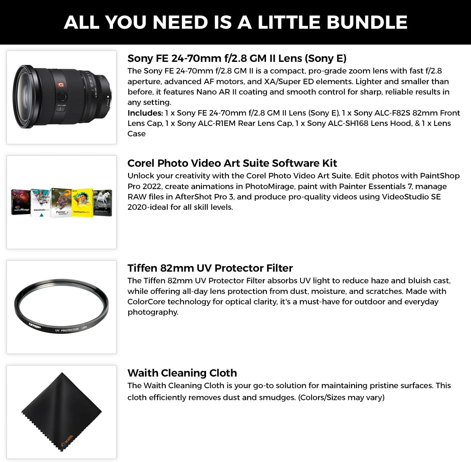 لنز سونی FE 24-70mm f/2.8 GMaster II برای E-Mount - لنز زوم استاندارد سریع به همراه فیلتر محافظ UV تیفن 82mm، کیت نرمافزاری Corel و پارچه تمیز کننده - بسته ضروری لنز سونی FE 24-70mm f/2.8 GMaster II برای E-Mount - لنز زوم استاندارد سریع به همراه فیلتر محافظ UV تیفن 82mm، کیت نرمافزاری Corel و پارچه تمیز کننده - بسته ضروری