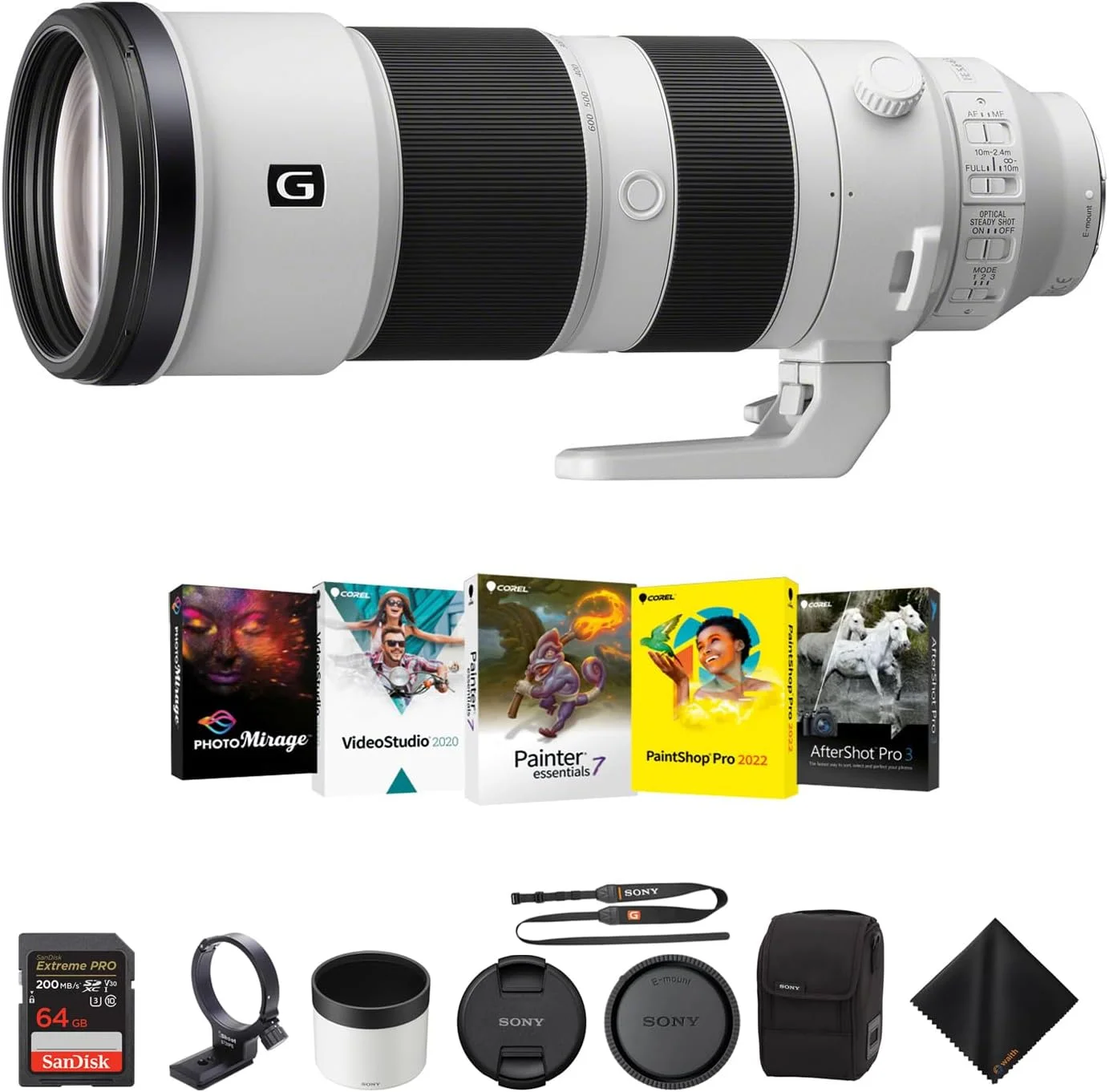 لنز سونی FE 200-600mm f/5.6-6.3 G OSS برای E-Mount - لنز تله فوتو به همراه کارت حافظه 64 گیگابایتی Extreme PRO UHS-I SDXC، کیت نرم‌افزاری Corel و پارچه تمیز کننده - بسته ضروری
