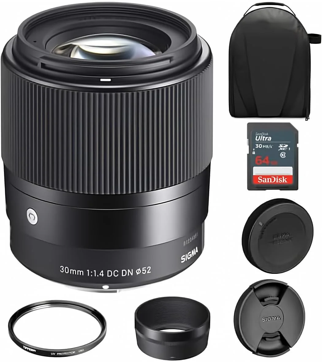 لنز سیگما 30mm f/1.4 DC DN Contemporary برای سونی E | لنز مانت/فرمت APS-C، دیافراگم 9 تیغه گرد، فیلتر محافظ UV تیفن 52 میلی‌متری، کارت حافظه 64 گیگابایتی Extreme PRO و کیف دوربین Waith