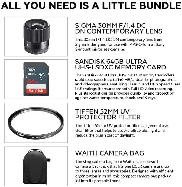 لنز سیگما 30mm f/1.4 DC DN Contemporary برای سونی E | لنز مانت/فرمت APS-C، دیافراگم 9 تیغه گرد، فیلتر محافظ UV تیفن 52 میلیمتری، کارت حافظه 64 گیگابایتی Extreme PRO و کیف دوربین Waith لنز سیگما 30mm f/1.4 DC DN Contemporary برای سونی E | لنز مانت/فرمت APS-C، دیافراگم 9 تیغه گرد، فیلتر محافظ UV تیفن 52 میلیمتری، کارت حافظه 64 گیگابایتی Extreme PRO و کیف دوربین Waith