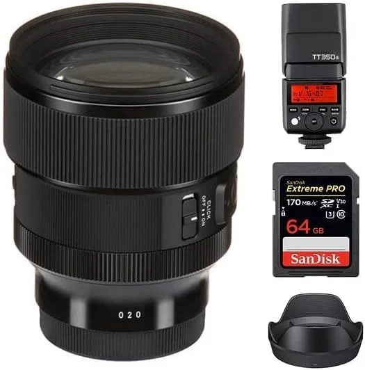 لنز سیگما 85mm f/1.4 DG DN Art برای سونی E | فرمت فول فریم با پنج عنصر SLD، یک عنصر Aspherical و چهار عنصر HR، فلاش Godox TT350S، کارت حافظه 64GB Extreme PRO UHS-I SDXC