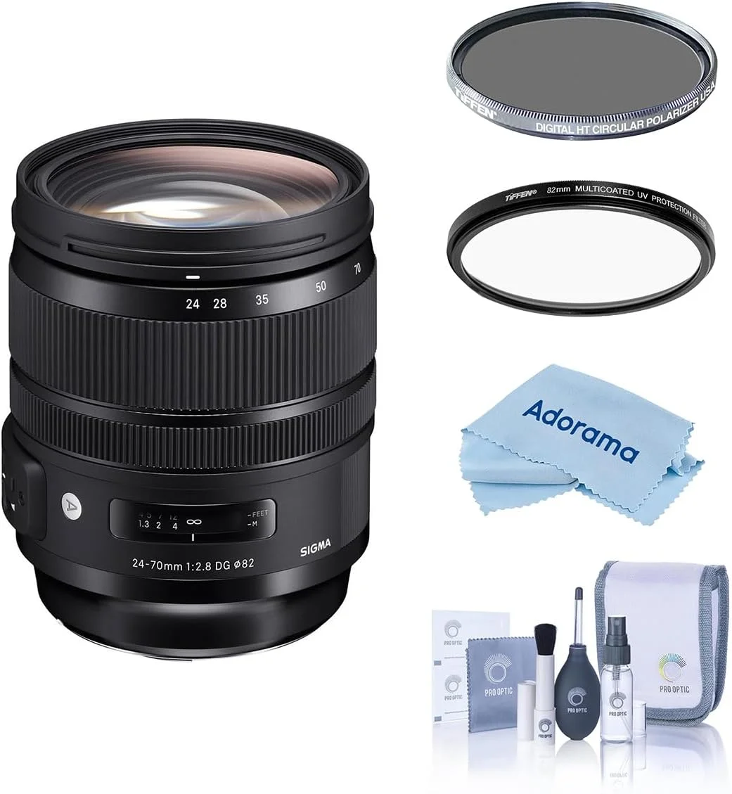 لنز سیگما 24-70mm F2.8 DG OS HSM Art برای دوربین های DSLR نیکون (576955)، به همراه فیلتر پولاریزه دایره ای Hoya NXT Plus 82mm 10-Layer HMC و فیلتر UV و کیت تمیز کننده