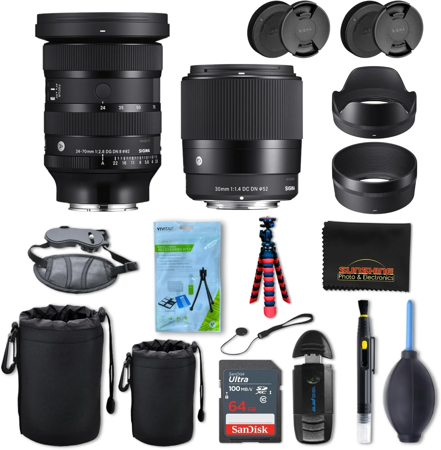 لنز سیگما 30mm f1.4 DC DN Contemporary + لنز سیگما 24-70mm f2.8 DG DN II Art برای سونی E به همراه بسته لوازم جانبی Sunshine Photo