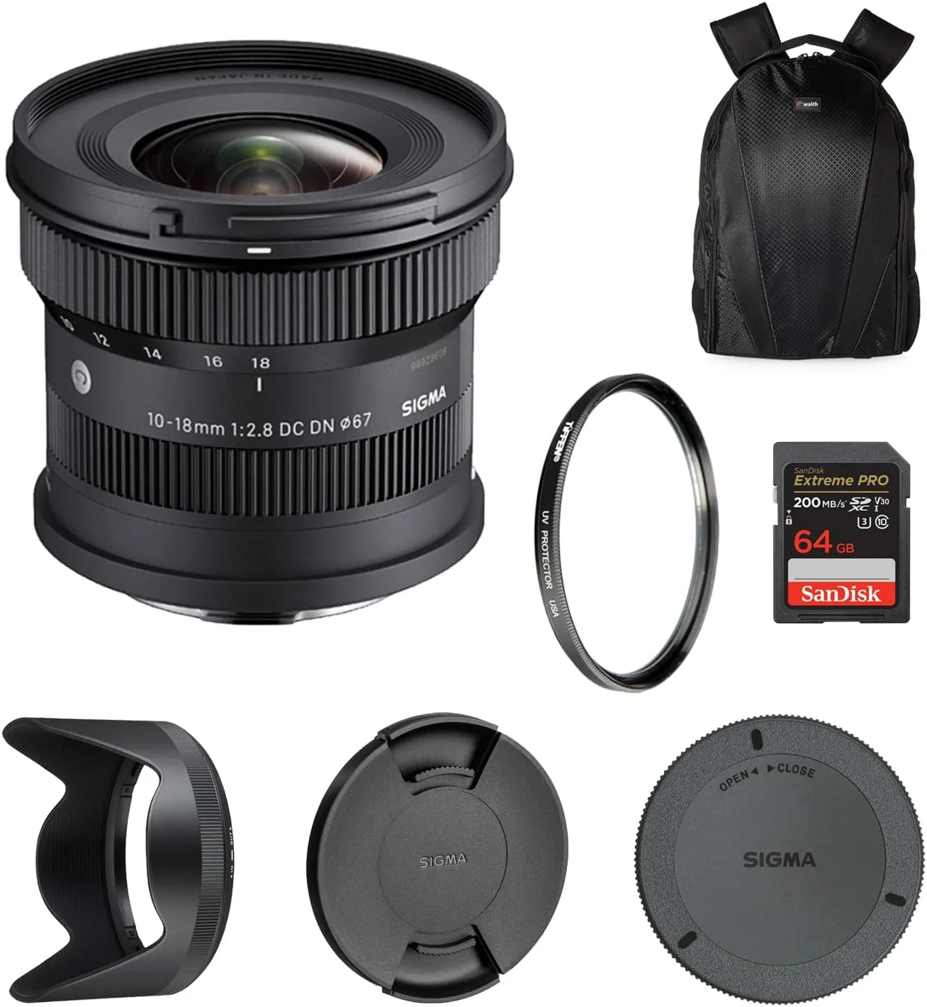 لنز سیگما 10-18mm F2.8 DC DN Contemporary برای سونی E | زوم فوق عریض به همراه فیلتر محافظ UV تیفن 67 میلی‌متری، کوله پشتی دوربین Waith و کارت حافظه 64 گیگابایتی Extreme PRO UHS-I SDXC (مجموعه)