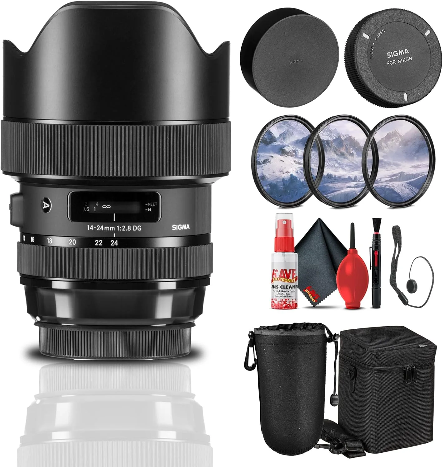 لنز سیگما 14-24mm f/2.8 DG HSM Art برای نیکون F (212955) به همراه کیف لنز، کیسه لنز، درپوش لنز، کیت فیلتر 3 تکه، کیت تمیز کننده کامل، نگهدارنده درپوش لنز