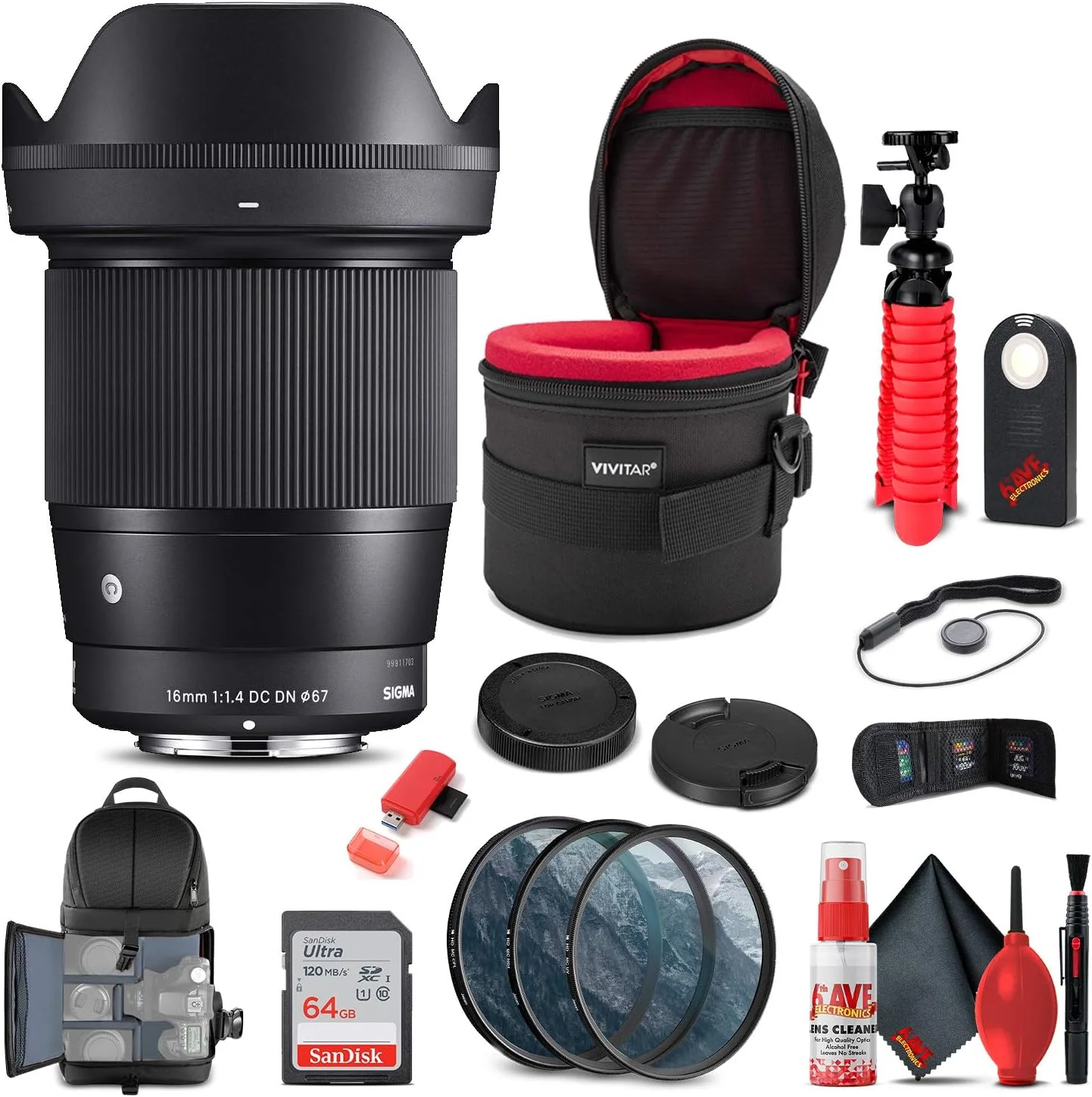 لنز سیگما 17-50mm f/2.8 EX DC OS HSM برای Canon EF (583101) باندل + کوله پشتی + کارت 64 گیگابایتی + کیف لنز + کارت خوان + کیت فیلتر 3 تکه + ست تمیز کننده + سه پایه انعطاف پذیر + کیف کارت حافظه + موارد دیگر