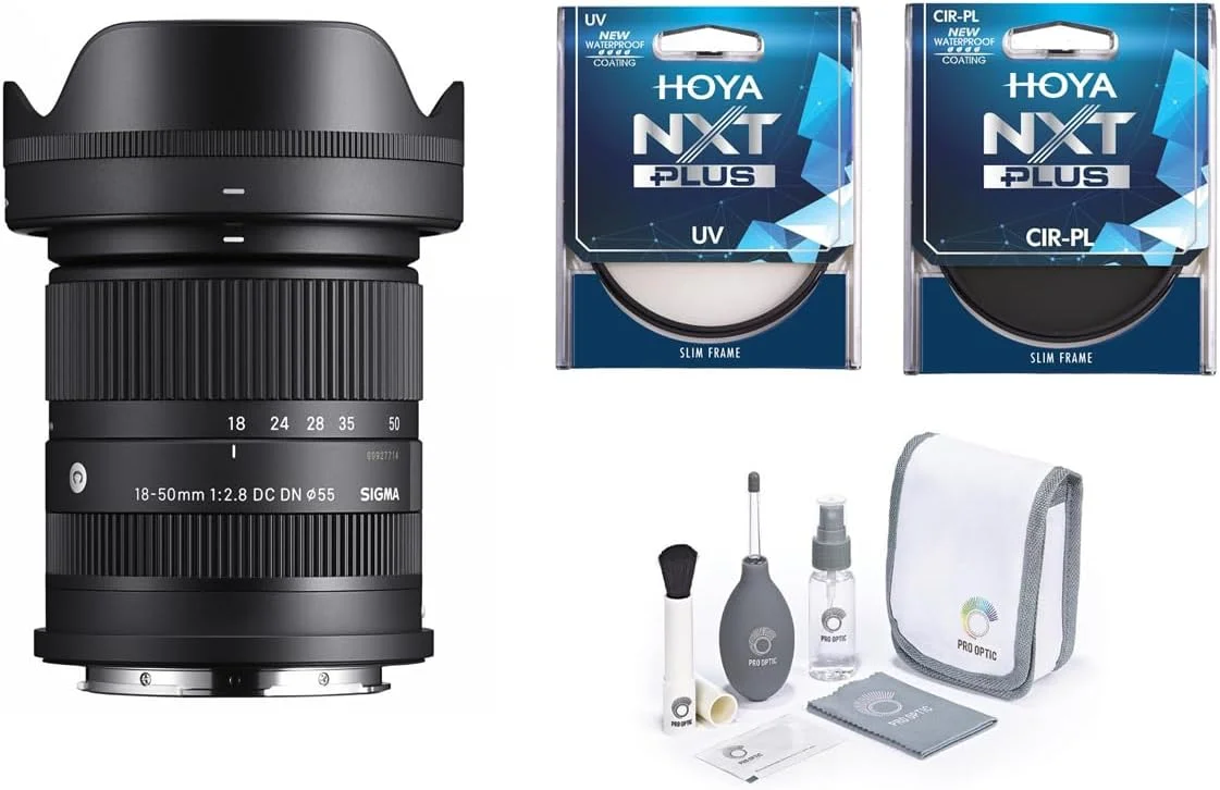 لنز سیگما 18-50mm f/2.8 DC DN Contemporary برای Sony E، به همراه کیت فیلتر Hoya NXT Plus 55mm UV+CPL و کیت تمیز کننده