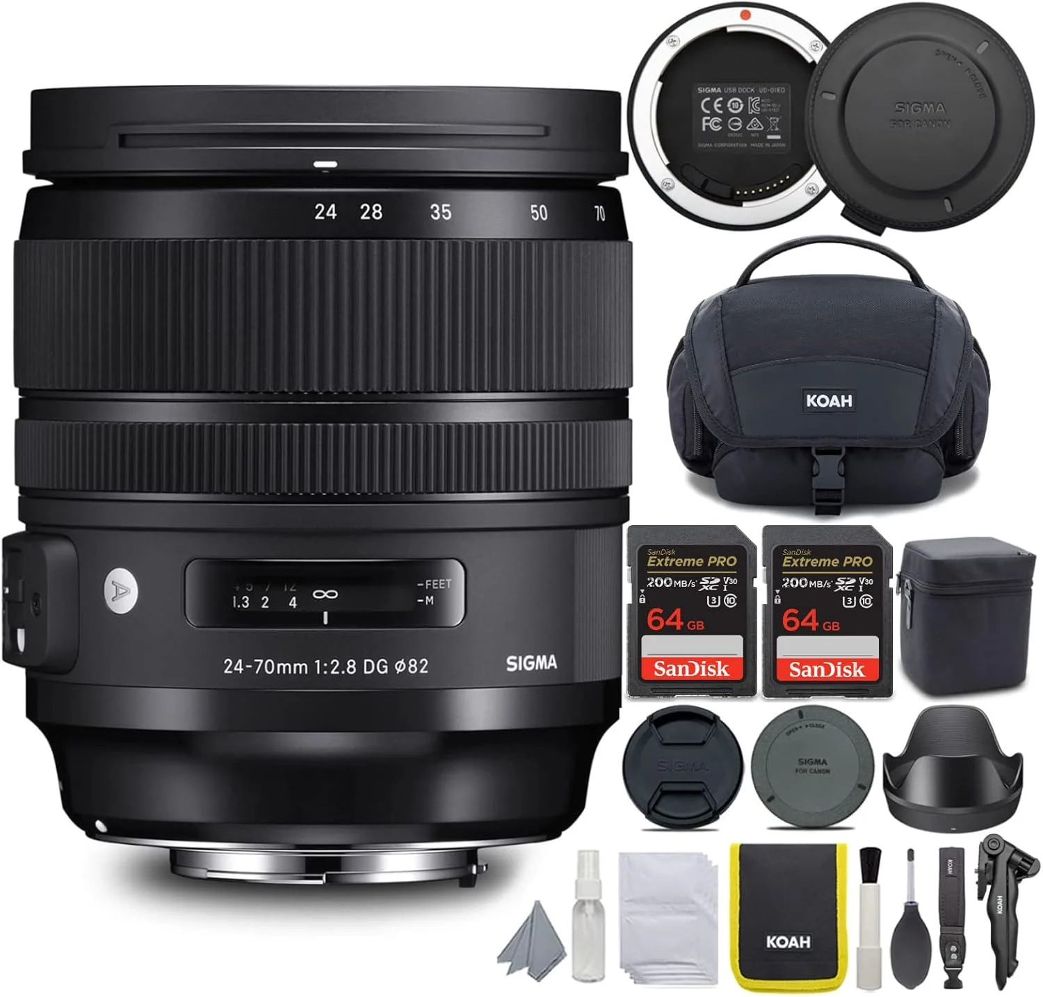 لنز سیگما 24-70mm f/2.8 DG OS HSM Art برای Canon EF به همراه داک USB، کیت مسافرتی پیشرفته و کارت حافظه 64 گیگابایتی Extreme PRO SD (شامل 5 مورد)