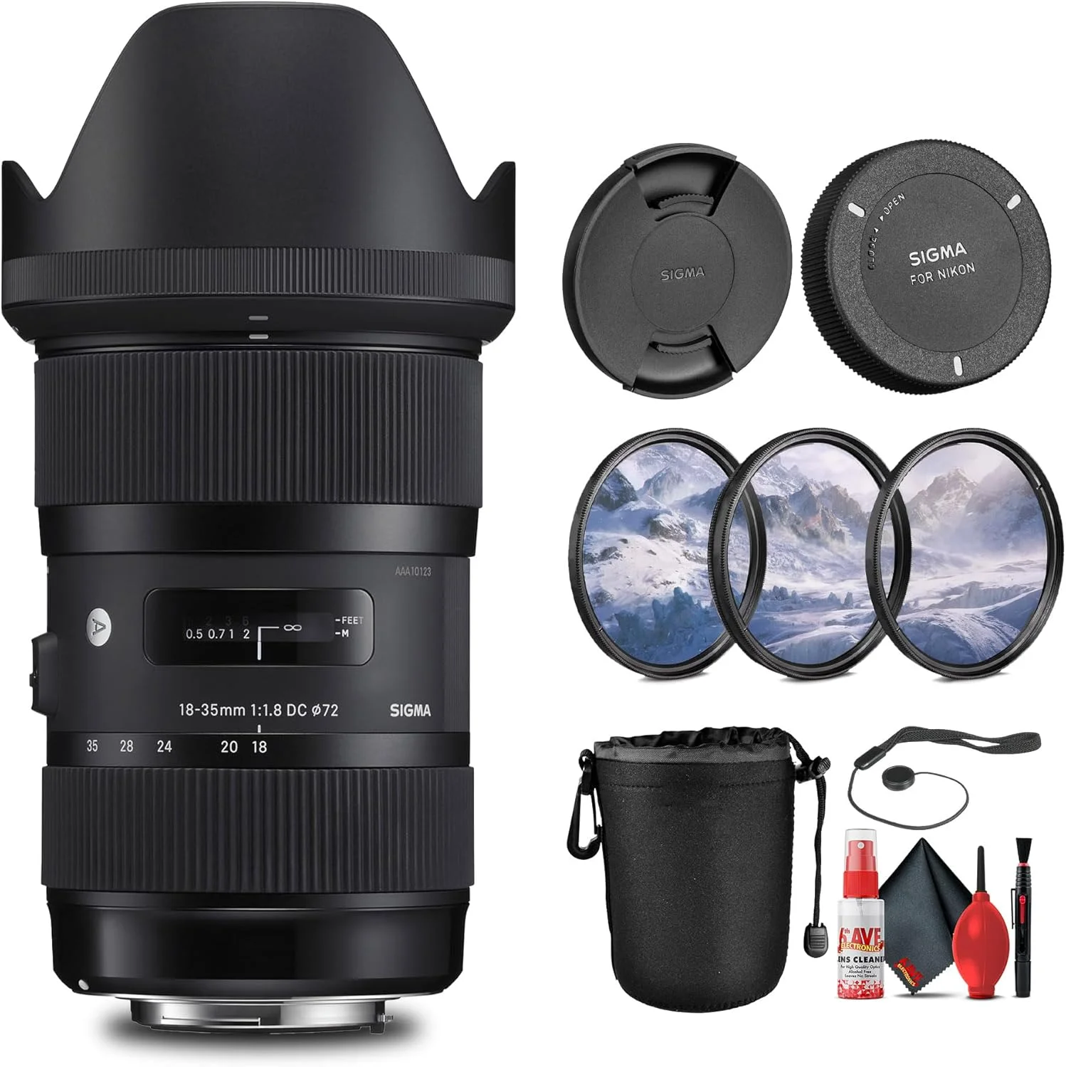 لنز سیگما 18-35mm f/1.8 DC HSM Art برای نیکون (210-306) همراه با: کیف لنز، درپوش های جلو و عقب لنز، کیت فیلتر 3 تکه، کیت کامل تمیز کننده، نگهدارنده درپوش لنز
