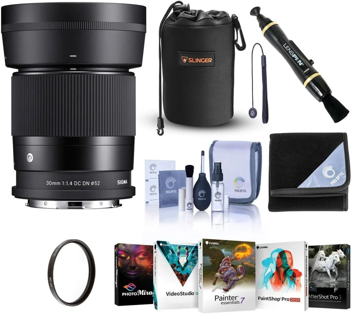 لنز سیگما 30mm f/1.4 DC DN Contemporary برای مانت L، همراه با فیلتر UV 52mm، کیف لنز، تمیز کننده لنز، کیت تمیز کننده، کیت نرم افزار PC، بند نگهدارنده درب لنز، پارچه