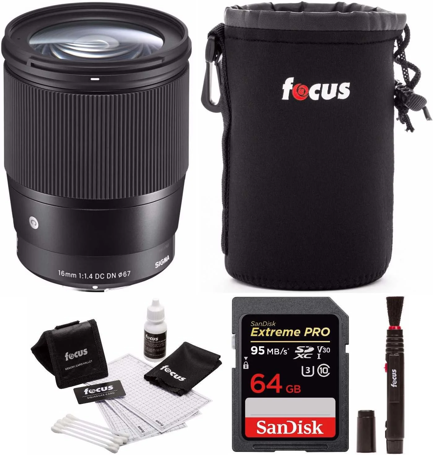 لنز سیگما 16mm f/1.4 DC DN Contemporary برای سونی به همراه کارت حافظه 64 گیگابایتی Extreme PRO SD و بسته لوازم جانبی