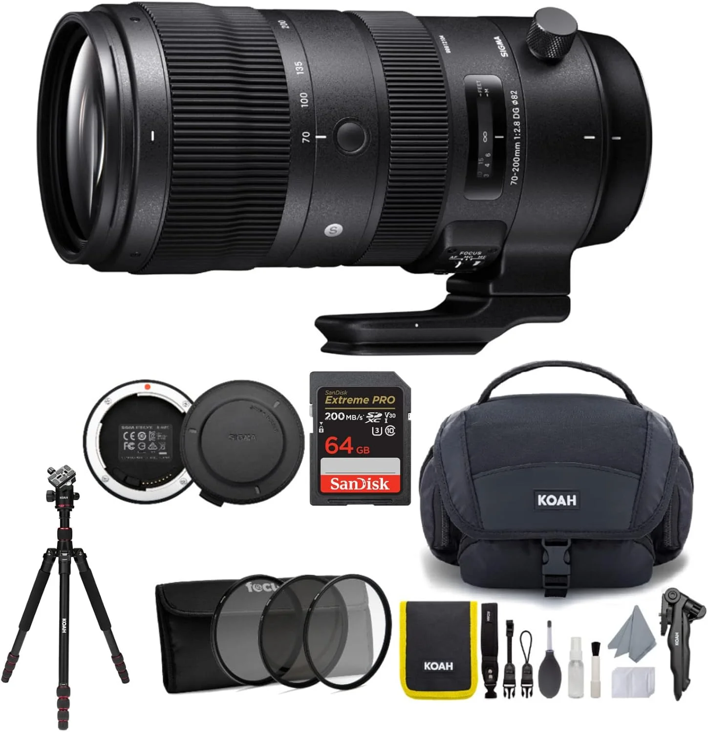 لنز سیگما 70-200mm f/2.8 DG OS HSM Sport برای Nikon F-Mount به همراه داک USB، سه پایه با سر توپی 360 درجه، کارت حافظه SD 64 گیگابایتی، کیف دوربین و فیلتر لنز (6 قطعه)