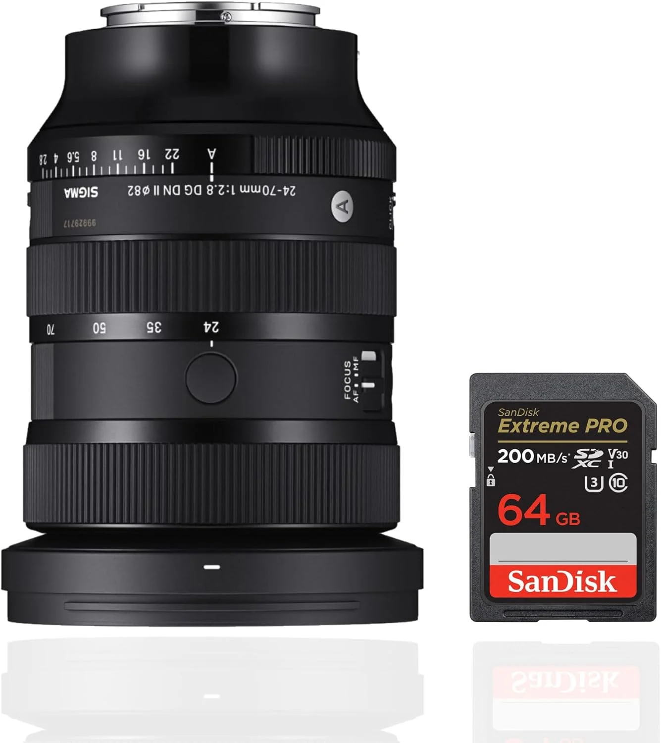 لنز سیگما 24-70MM F2.8 DG DN II Art، مانت سونی E به همراه کارت حافظه SanDisk 64GB Extreme Pro SDXC UHS-I (شامل 2 قلم کالا)