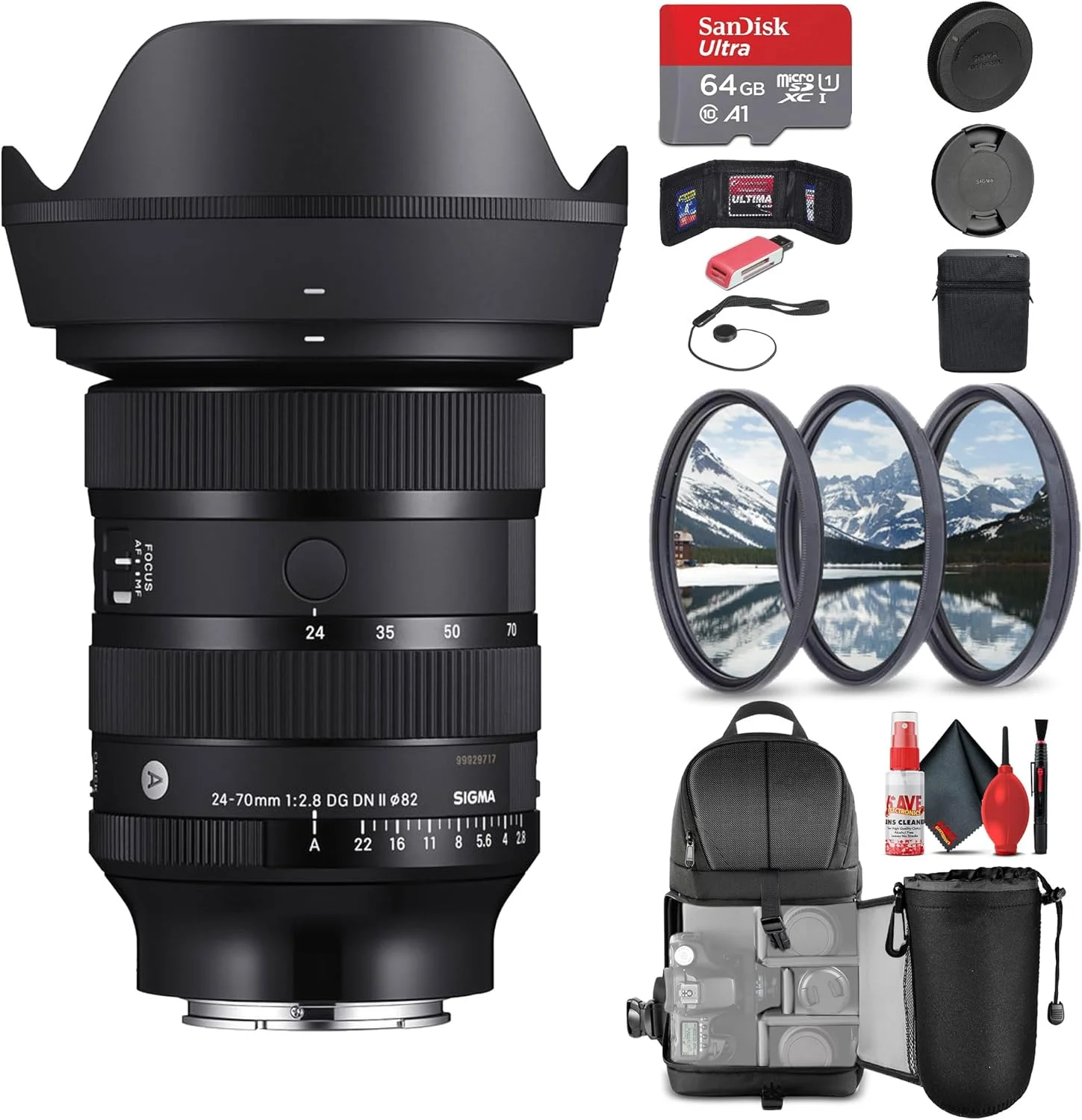 لنز سیگما 24-70mm f/2.8 DG DN II Art برای Sony E (57A965) به همراه: کارت حافظه 64 گیگابایتی، کارت خوان، کیف کارت، کوله پشتی، کیف لنز، درپوش های جلو و عقب لنز، کیت تمیز کننده کامل، نگهدارنده درپوش