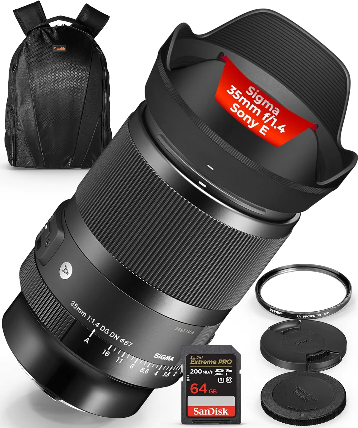 لنز سیگما 35mm f/1.4 DG DN Art برای Sony E-Mount | لنز دوربین کلاسیک Art Line به همراه فیلتر محافظ UV تیفن 67mm، کارت حافظه SanDisk 64GB Extreme PRO UHS-I و کوله پشتی دوربین Waith (مجموعه)