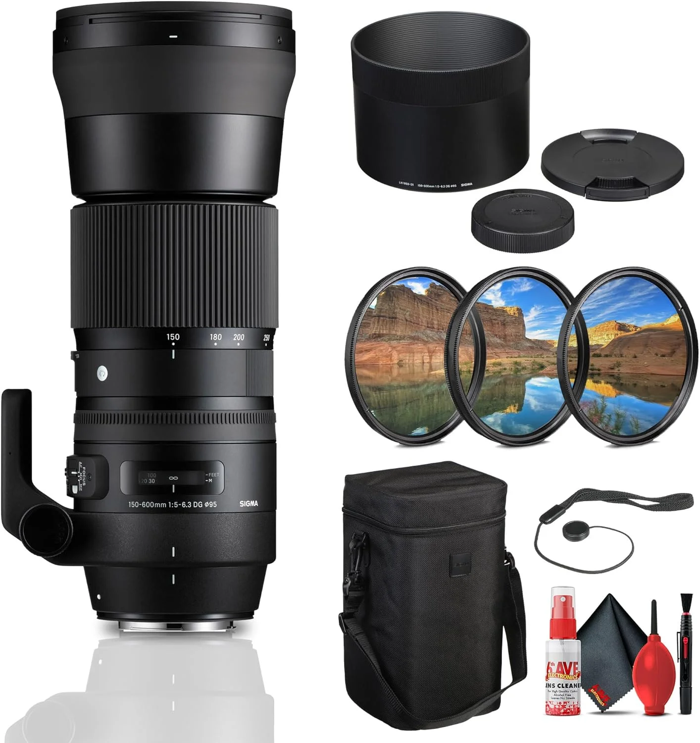لنز سیگما 150-600mm f/5-6.3 DG OS HSM برای Canon EF (745-101) باندل: کیت فیلتر 3 تکه، کیت تمیز کننده کامل، نگهدارنده درب لنز، پوشش محافظ، پایه لنز، درب های جلو و عقب، کیف لنز