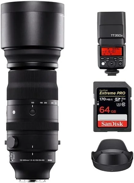 لنز سیگما 150-600mm f/5-6.3 DG DN OS Sports برای Sony E | لنز E-Mount/فرمت فول فریم، تثبیت کننده تصویر OS، پوشش Super Multi-Layer، فلاش Godox TT350S، کارت حافظه 64GB Extreme PRO UHS-I
