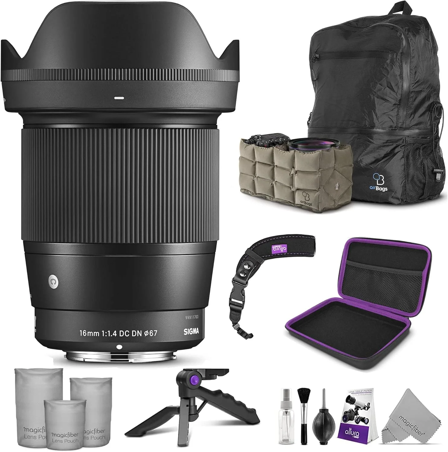 لنز سیگما 16mm f/1.4 DC DN Contemporary برای Canon EF-M به همراه بسته لوازم جانبی ضروری و مسافرتی Altura Photo
