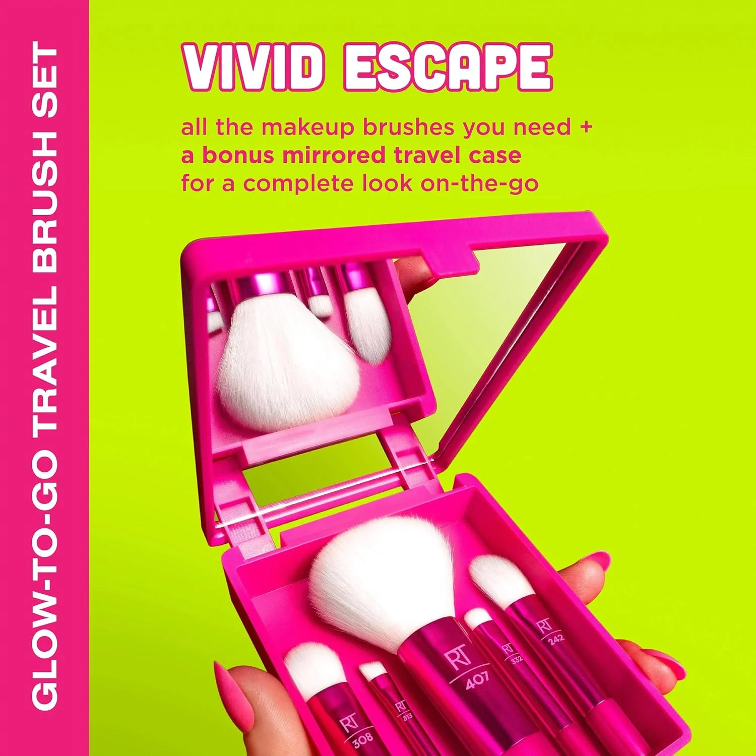ست برس آرایشی مسافرتی 6 تکه Real Techniques Vivid Escape Glow-To-Go، برس های آرایشی سایز کوچک برای سایه چشم، کانسیلر، کانتور و رژگونه، شامل کیف لوازم آرایشی آینه دار، بدون تست حیوانی و وگان ست برس آرایشی مسافرتی 6 تکه Real Techniques Vivid Escape Glow-To-Go، برس های آرایشی سایز کوچک برای سایه چشم، کانسیلر، کانتور و رژگونه، شامل کیف لوازم آرایشی آینه دار، بدون تست حیوانی و وگان
