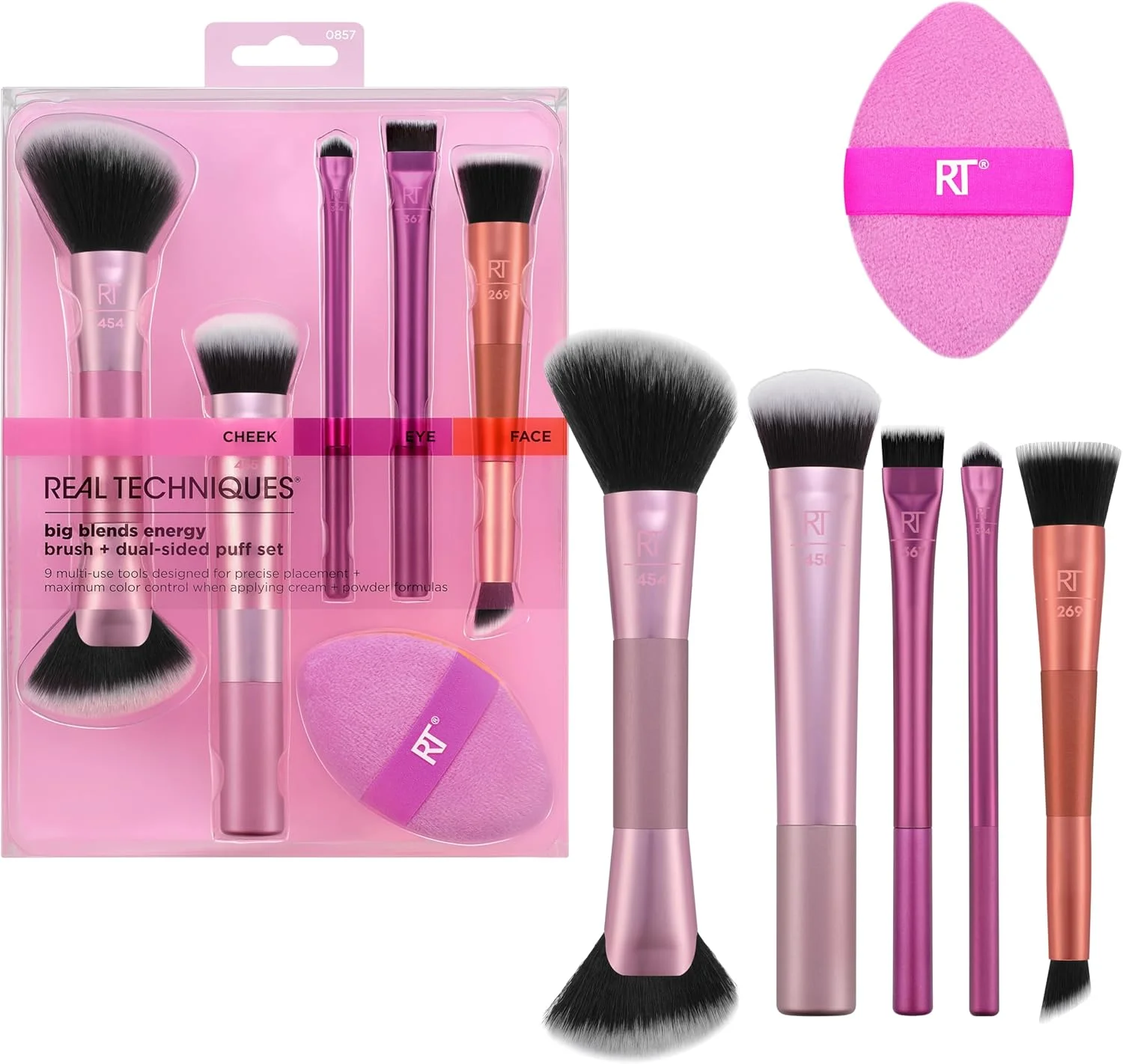 ست برس انرژی آرایشی Real Techniques Big Blends + پد دو طرفه، ست 6 تکه برای استفاده از پودر، کرم و مایع، ابزارهای دقیق برای کانتور، ترکیب و تکمیل، وگان و بدون تست حیوانی