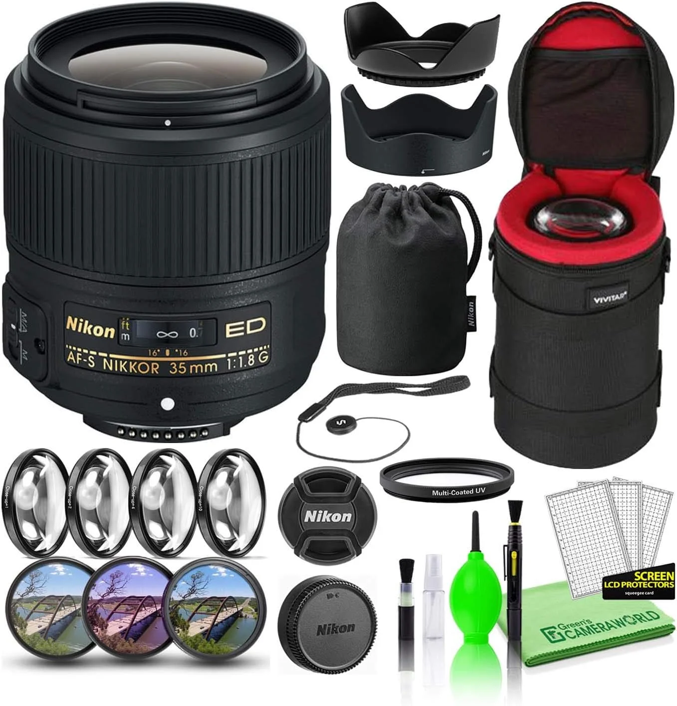 لنز پرایم نیکون AF-S NIKKOR 35mm f/1.8G ED (2215) به همراه کیف لنز پددار + کیت فیلتر ماکرو + فیلترهای UV، CPL، FL + هود گل لاله ای + نگهدارنده درب لنز + کیت تمیز کننده لنز