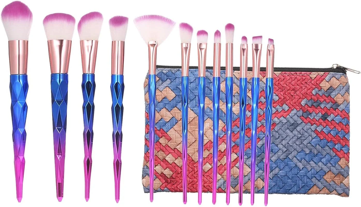 مجموعه 12 عددی برس آرایشی POOWE، برس های دسته دار برای کرم پودر، پودر، سایه چشم، کانتور و ترکیب، ابزار برس آرایشی صورت به همراه کیف لوازم آرایشی (بنفش)