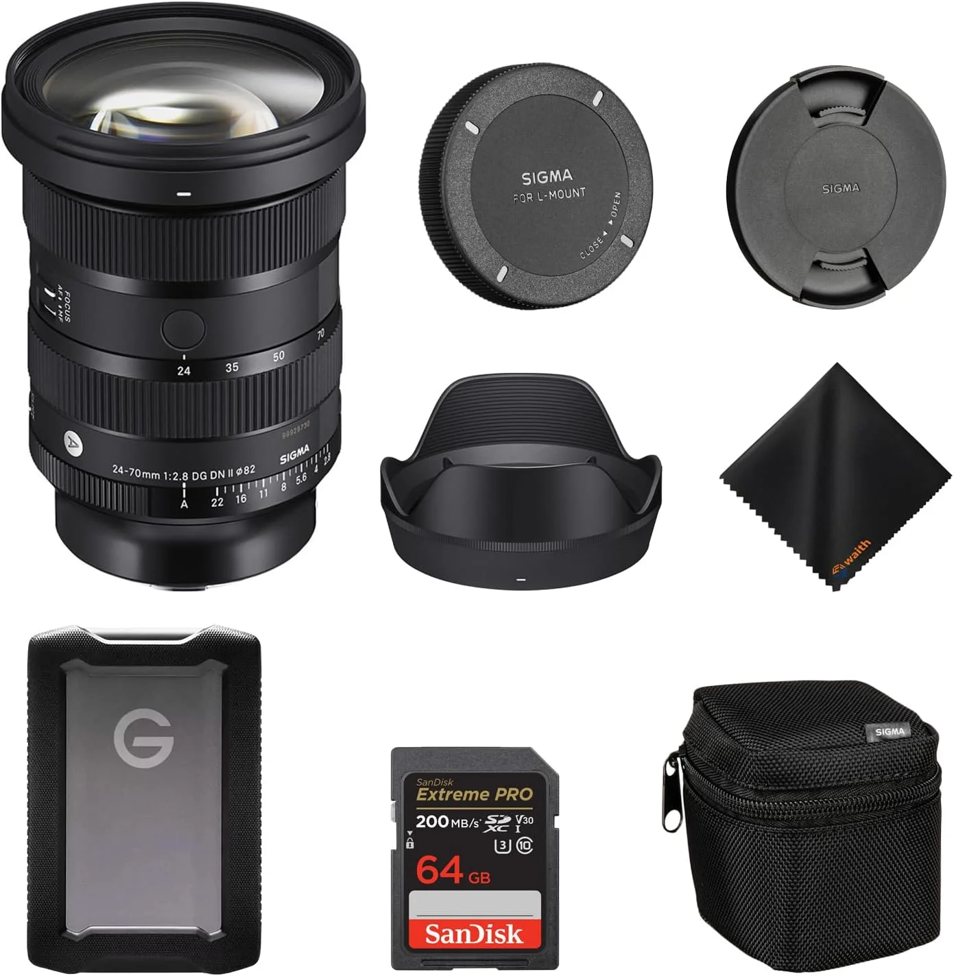 لنز سیگما 24-70mm f2.8 DG DN II Art Leica L| فول فریم، شش عنصر SLD، دیافراگم 11 تیغه ای گرد به همراه 1 ترابایت G-Drive ArmorATD، کارت حافظه 64 گیگابایتی Extreme PRO و پارچه تمیز کننده Waith (مجموعه)