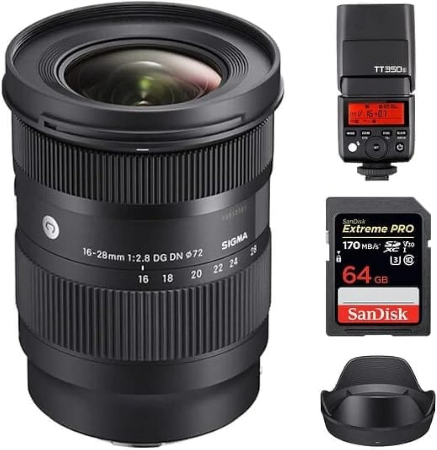 لنز سیگما 16-28mm f/2.8 DG DN Contemporary برای Sony E به همراه فلاش Godox TT350S و کارت حافظه 64GB Extreme PRO UHS-I SDXC