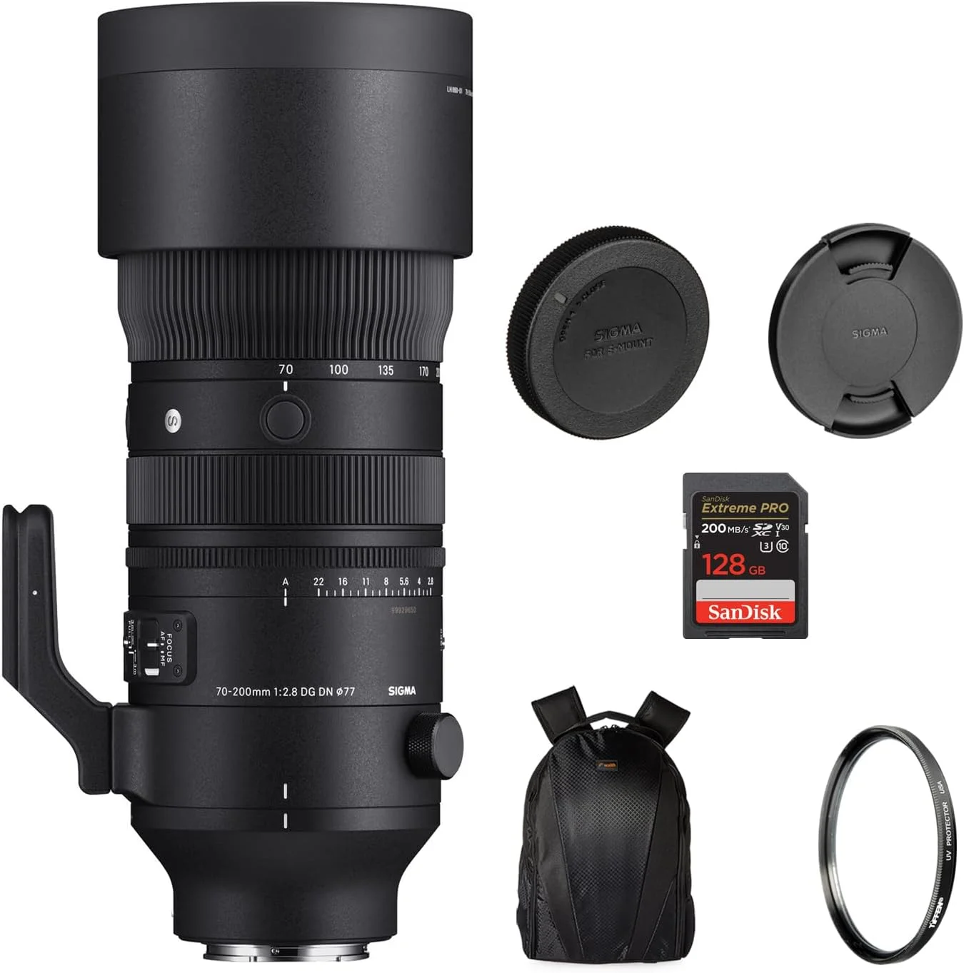 لنز سیگما 70-200mm f/2.8 DG DN OS Sports برای Sony E | لنز دوربین زوم دینامیک به همراه فیلتر UV تیفن 77mm، کارت حافظه 128GB Extreme PRO SD و کوله پشتی دوربین با فضای ذخیره سازی متنوع (مجموعه)